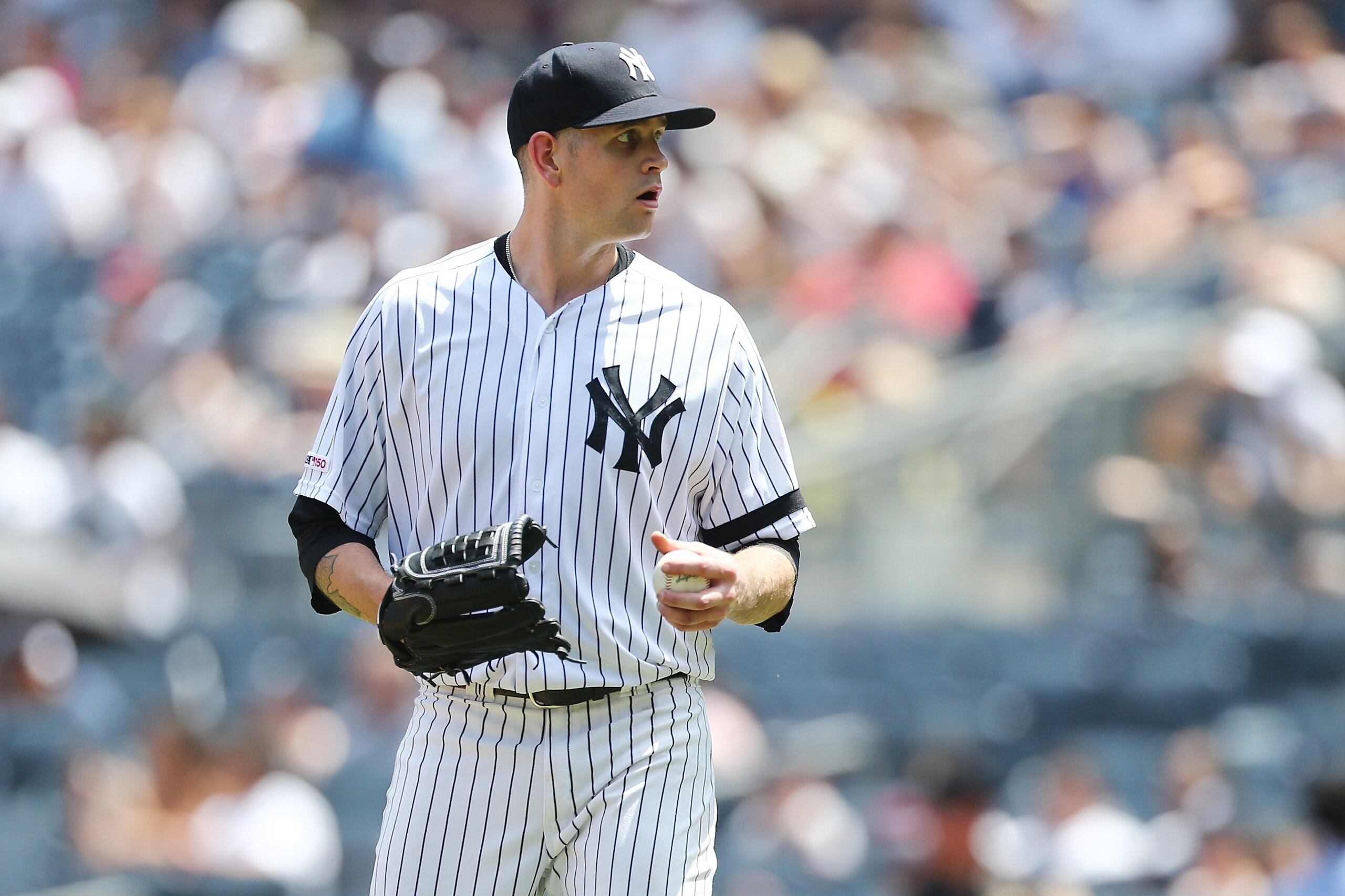 NEW YORK, NEW YORK - JULY 21:  James Paxton #65 of the New York Yankees looks on in the third inning against the Colorado Rockies at Yankee Stadium on July 21, 2019 in New York City. (Photo by Mike Stobe/Getty Images)