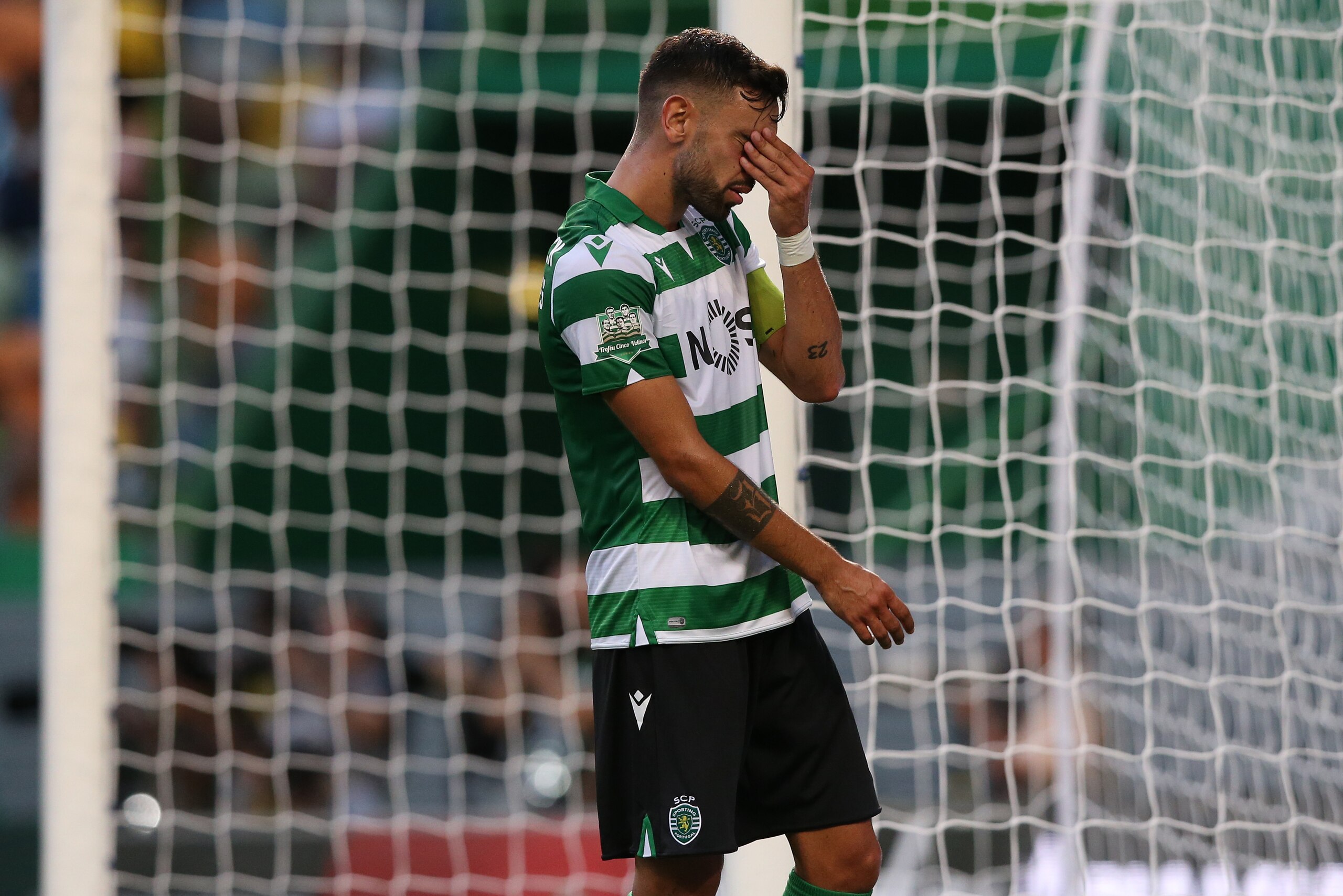 LISBON, PORTUGAL - JULY 28: Bruno Fernandes of Sporting CP reacts after missing a goal opportunity during the Pre-Season Friendly match between Sporting CP and Valencia CF at Estadio Jose Alvalade on July 28, 2019 in Lisbon, Portugal.  (Photo by Gualter F