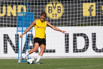 DORTMUND, GERMANY - JULY 26: Thorgan Hazard of Bourssia Dortmund controls the ball during the Borussia Dortmund training session on July 26, 2019 in Dortmund, Germany. The team of Borussia Dortmund is back in training, preparing for the next Bundesliga se