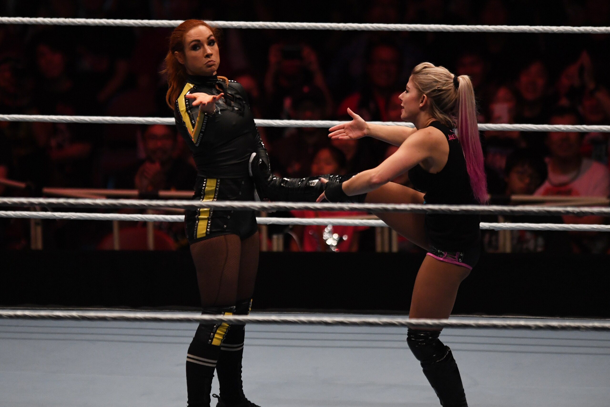 TOKYO,JAPAN - JUNE 29: Becky Lynch and Alexa Bliss compete during the WWE Live Tokyo at Ryogoku Kokugikan on June 29, 2019 in Tokyo, Japan. (Photo by Etsuo Hara/Getty Images)