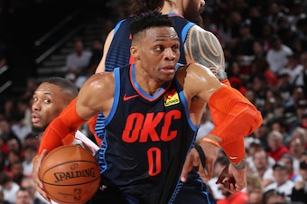 PORTLAND, OR - APRIL 23:  Russell Westbrook #0 of the Oklahoma City Thunder handles the ball against the Portland Trail Blazers during Game Five of Round One of the 2019 NBA Playoffs on April 23, 2019 at the Moda Center in Portland, Oregon. NOTE TO USER: 