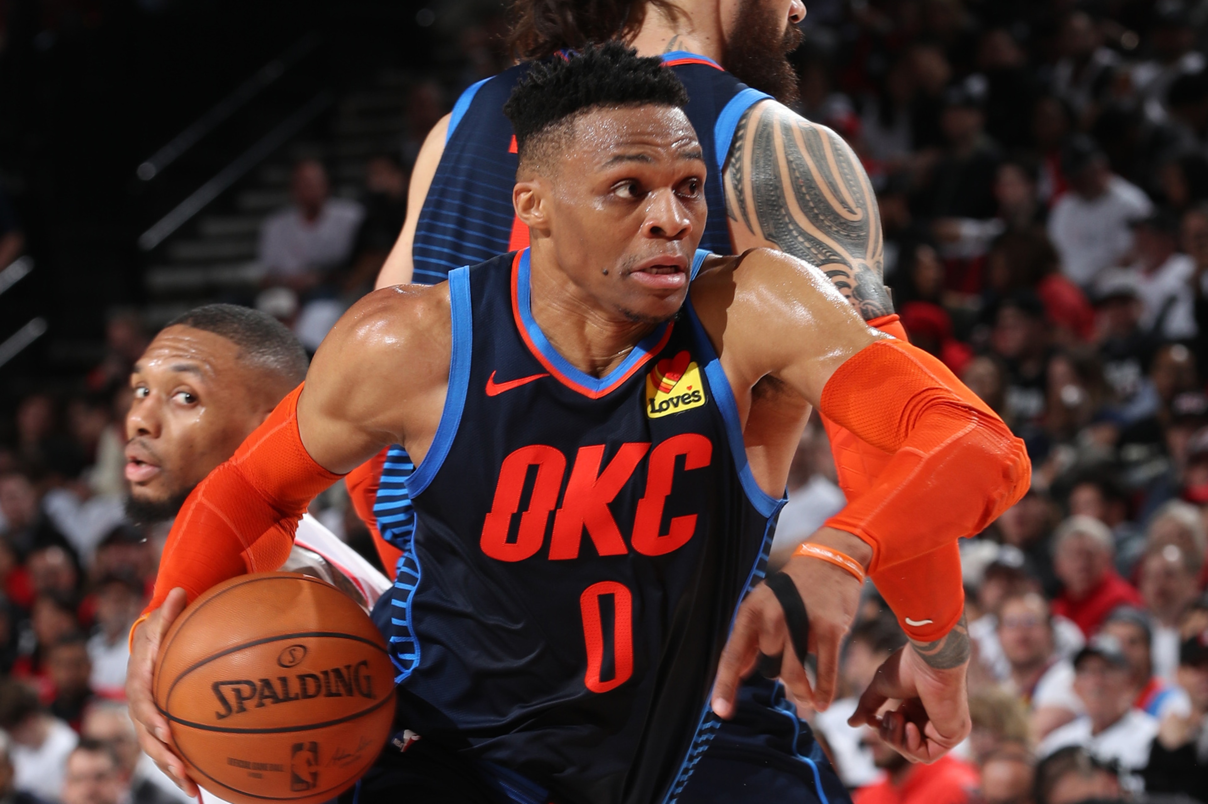 PORTLAND, OR - APRIL 23: Russell Westbrook #0 of the Oklahoma City Thunder handles the ball against the Portland Trail Blazers during Game Five of Round One of the 2019 NBA Playoffs on April 23, 2019 at the Moda Center in Portland, Oregon. NOTE TO USER: PORTLAND, OR - APRIL 23: Russell Westbrook #0 of the Oklahoma City Thunder handles the ball against the Portland Trail Blazers during Game Five of Round One of the 2019 NBA Playoffs on April 23, 2019 at the Moda Center in Portland, Oregon. NOTE TO USER: