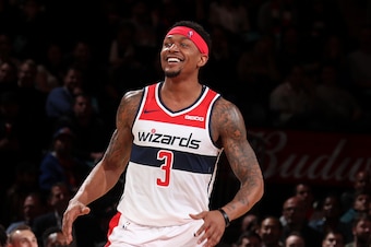 NEW YORK, NY - APRIL 7: Bradley Beal #3 of the Washington Wizards smiles against the New York Knicks on April 7, 2019 at Madison Square Garden in New York City, New York. NOTE TO USER: User expressly acknowledges and agrees that, by downloading and or usi