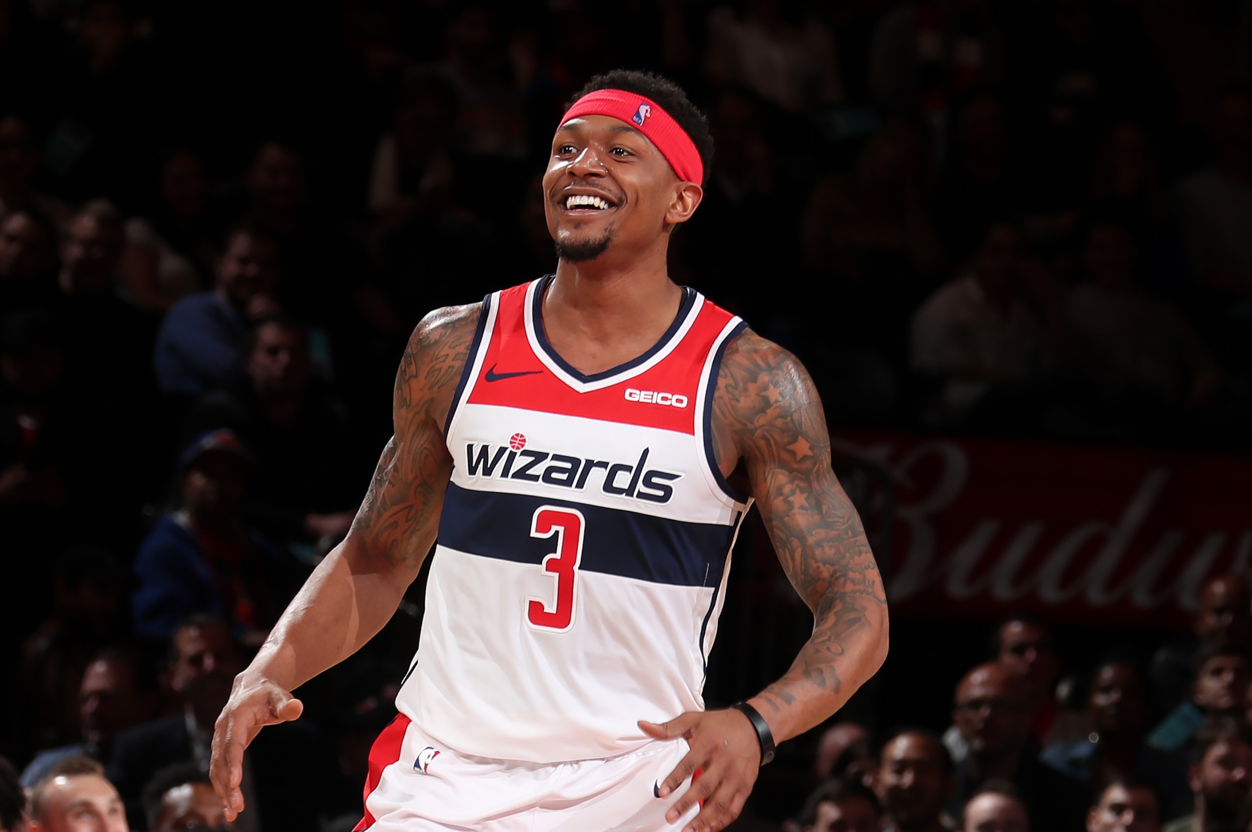 NEW YORK, NY - APRIL 7: Bradley Beal #3 of the Washington Wizards smiles against the New York Knicks on April 7, 2019 at Madison Square Garden in New York City, New York. NOTE TO USER: User expressly acknowledges and agrees that, by downloading and or usi