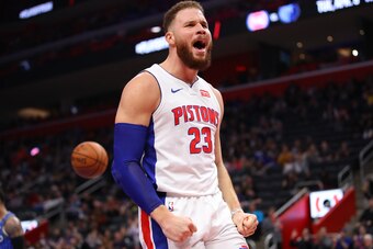DETROIT, MICHIGAN - MARCH 28:  Blake Griffin #23 of the Detroit Pistons reacts after a second half basket while playing the Orlando Magic at Little Caesars Arena on March 28, 2019 in Detroit, Michigan. Detroit won the game 115-98. NOTE TO USER: User expre