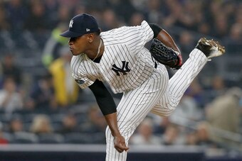 NEW YORK, NY - OCTOBER 08:  (NEW YORK DAILIES OUT)   Luis Severino #40 of the New York Yankees in action against the Boston Red Sox in Game Three of the American League Division Series at Yankee Stadium on October 8, 2018 in the Bronx borough of New York 