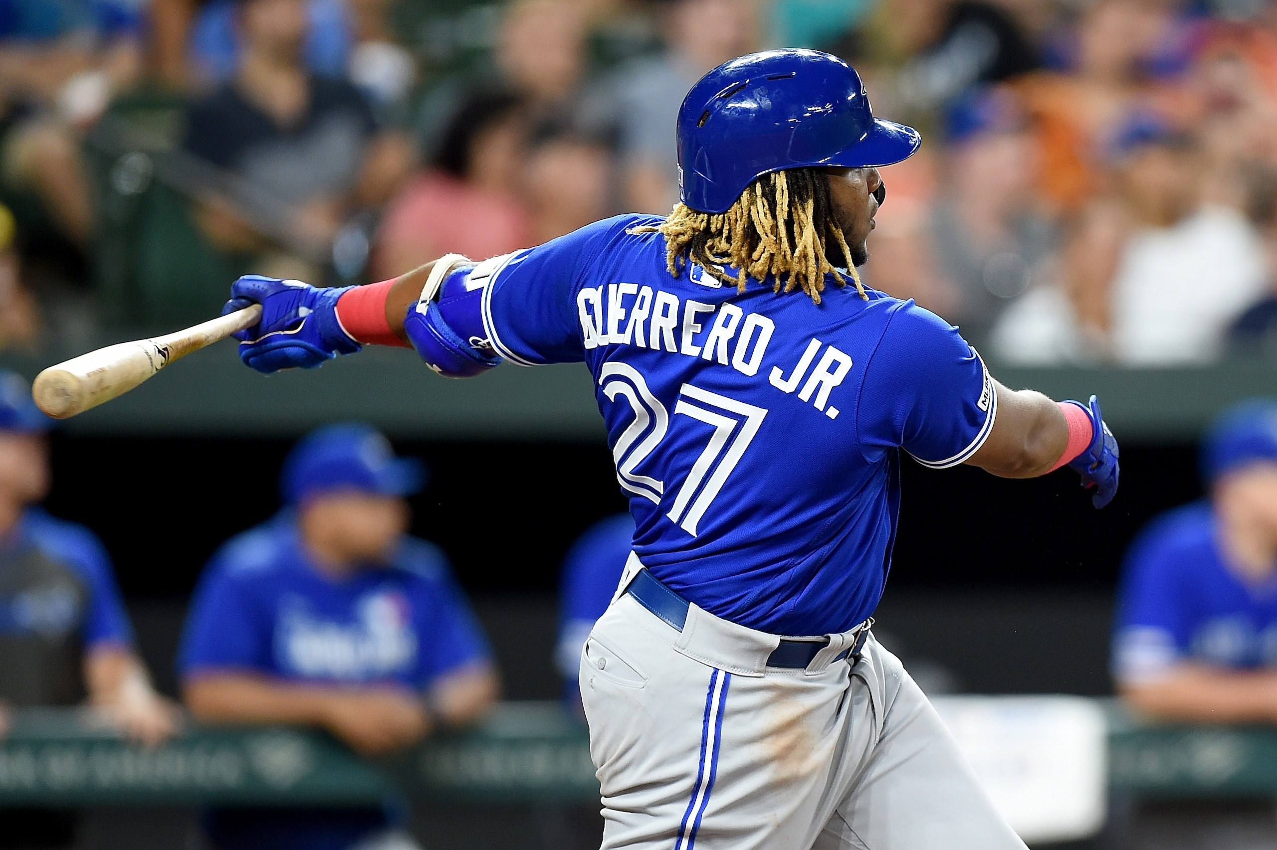 BALTIMORE, MD - AUGUST 01:  Vladimir Guerrero Jr. #27 of the Toronto Blue Jays bats against the Baltimore Orioles at Oriole Park at Camden Yards on August 1, 2019 in Baltimore, Maryland.  (Photo by G Fiume/Getty Images)