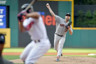 CLEVELAND, OHIO - JULY 30: Starting pitcher Justin Verlander #35 of the Houston Astros pitches to Francisco Lindor #12 of the Cleveland Indians during the first inning at Progressive Field on July 30, 2019 in Cleveland, Ohio. (Photo by Jason Miller/Getty 