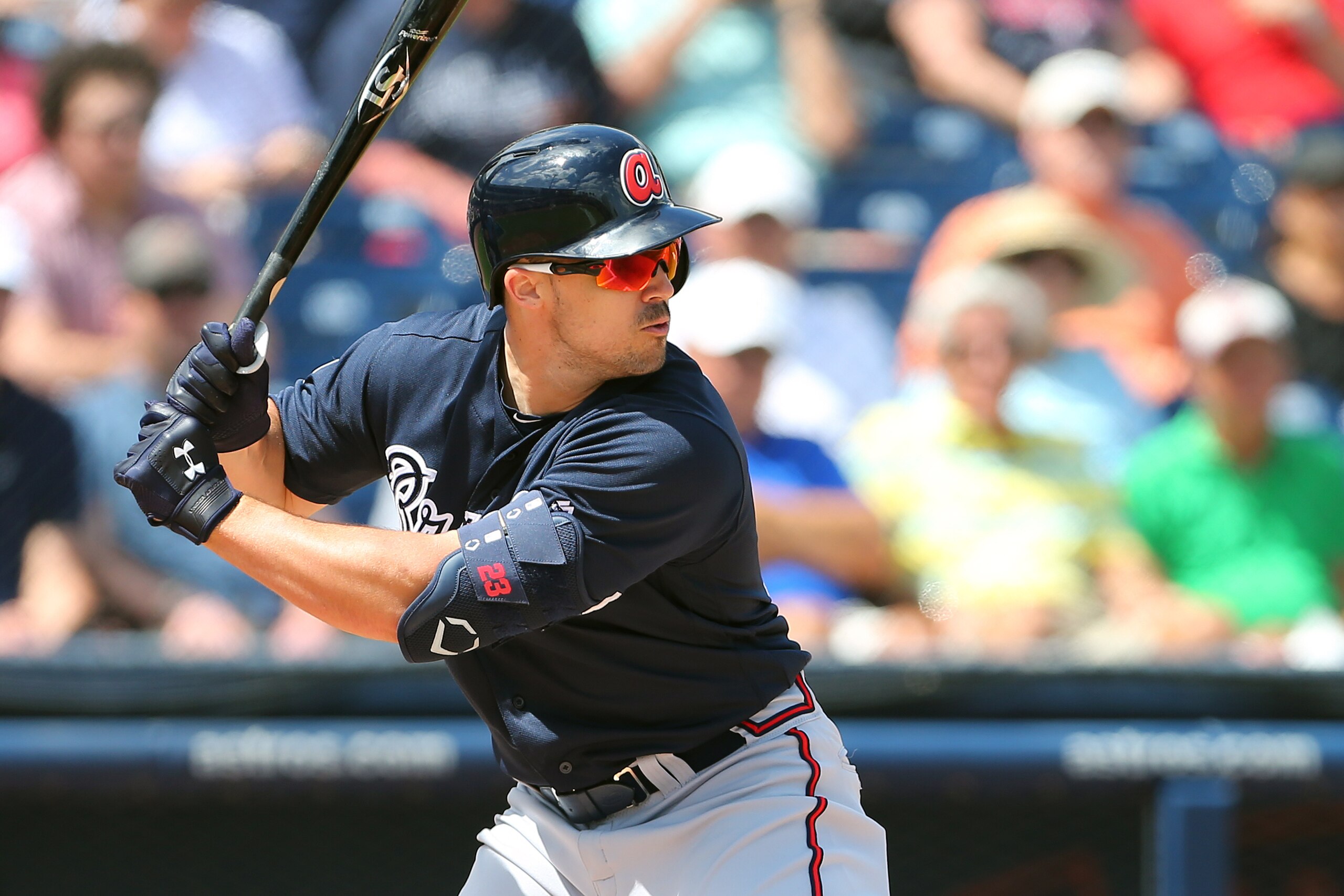WEST PALM BEACH, FL - MARCH 13: Adam Duvall #23 of the Atlanta Braves in action against the Washington Nationals during a spring training baseball game at Fitteam Ballpark of the Palm Beaches on March 13, 2019 in West Palm Beach, Florida. The Nationals de