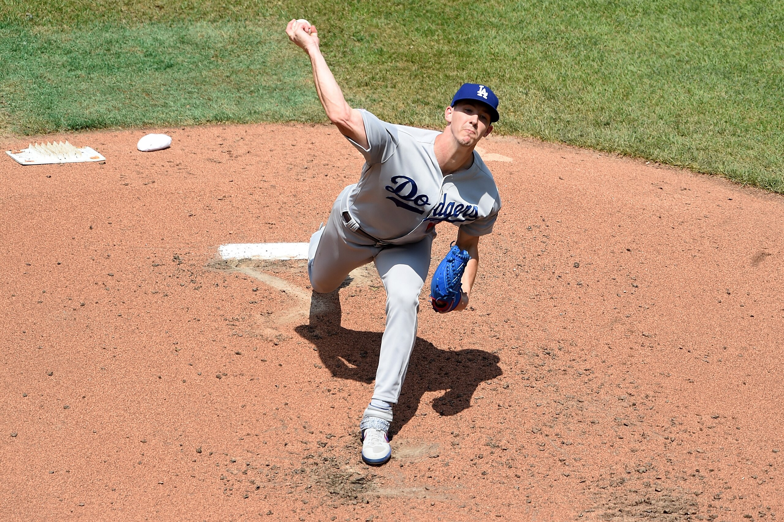 WASHINGTON, DC - JULY 28:  Walker Buehler #21 of the Los Angeles Dodgers pitches against the Washington Nationals at Nationals Park on July 28, 2019 in Washington, DC.  (Photo by G Fiume/Getty Images)