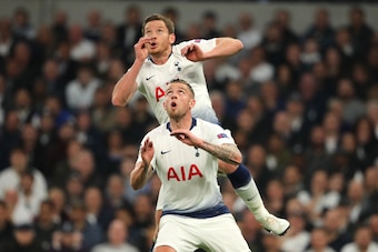 LONDON, ENGLAND - APRIL 30:   Toby Alderweireld and Jan Vertonghen of Tottenham Hotspur go up for a header together during the UEFA Champions League Semi Final first leg match between Tottenham Hotspur and Ajax at at the Tottenham Hotspur Stadium on April
