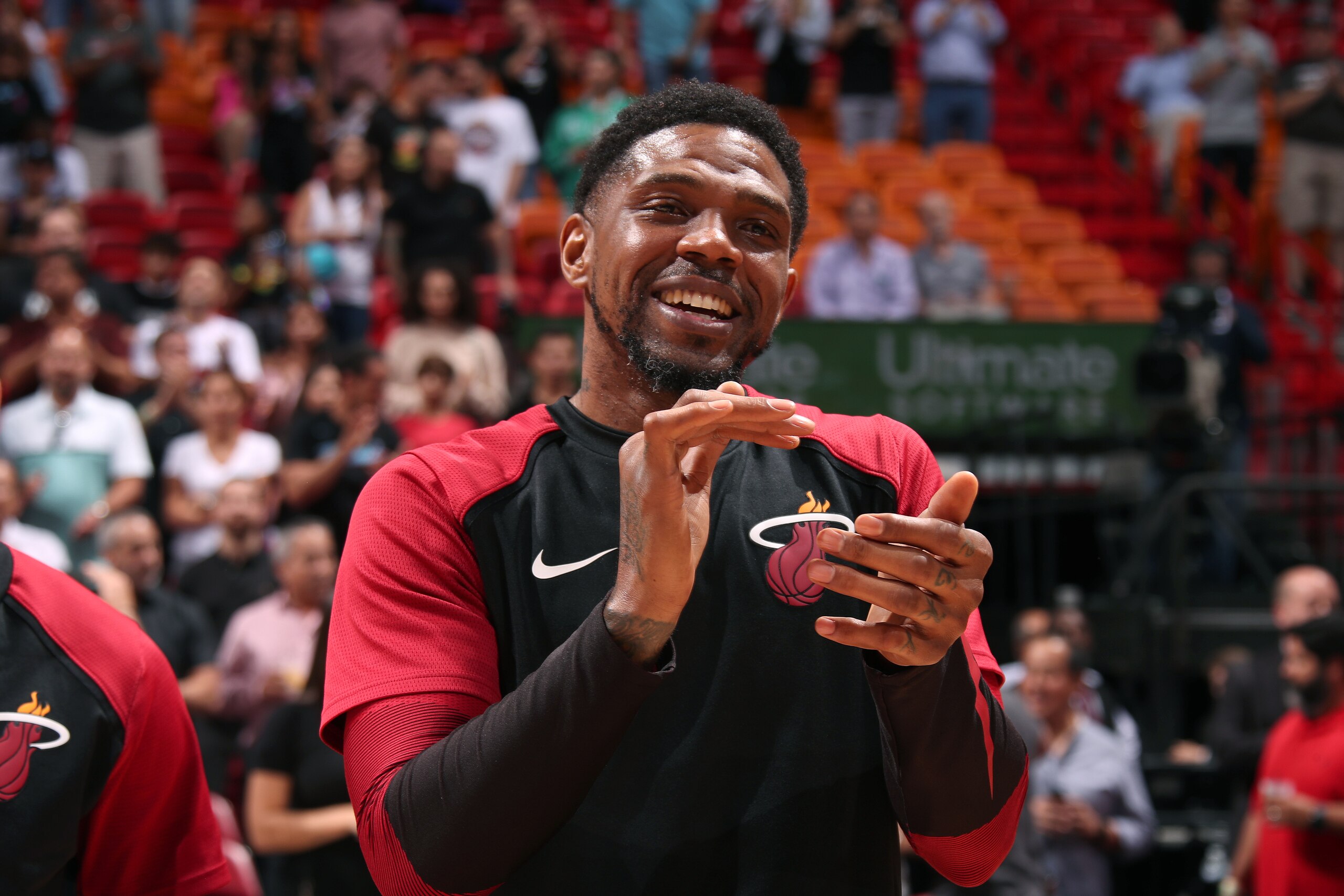 MIAMI, FL - APRIL 3: Udonis Haslem #40 of the Miami Heat looks on before the game against the Boston Celtics on April 3, 2019 at American Airlines Arena in Miami, Florida. NOTE TO USER: User expressly acknowledges and agrees that, by downloading and/or us