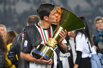TURIN, ITALY - MAY 19: Paulo Dybala of Juventus celebrates during the awards ceremony after winning the Serie A Championship during the Serie A match between Juventus and Atalanta BC on May 19, 2019 in Turin, Italy. (Photo by Tullio M. Puglia/Getty Images