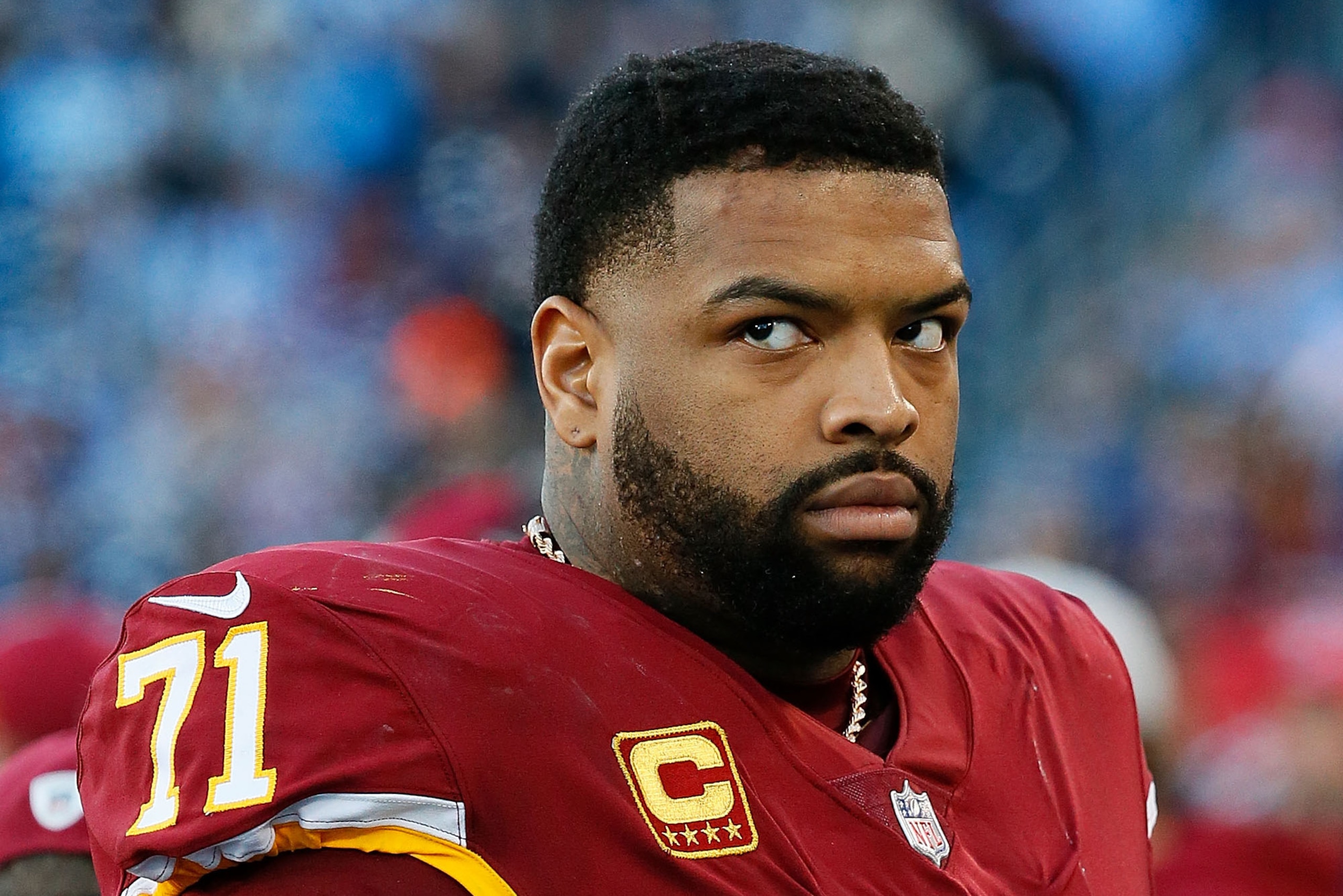 NASHVILLE, TN - DECEMBER 22:  Trent Williams #71 of the Washington Redskins watches from the sideline during a game against the Tennessee Titans at Nissan Stadium on December 22, 2018 in Nashville, Tennessee.  (Photo by Frederick Breedon/Getty Images)