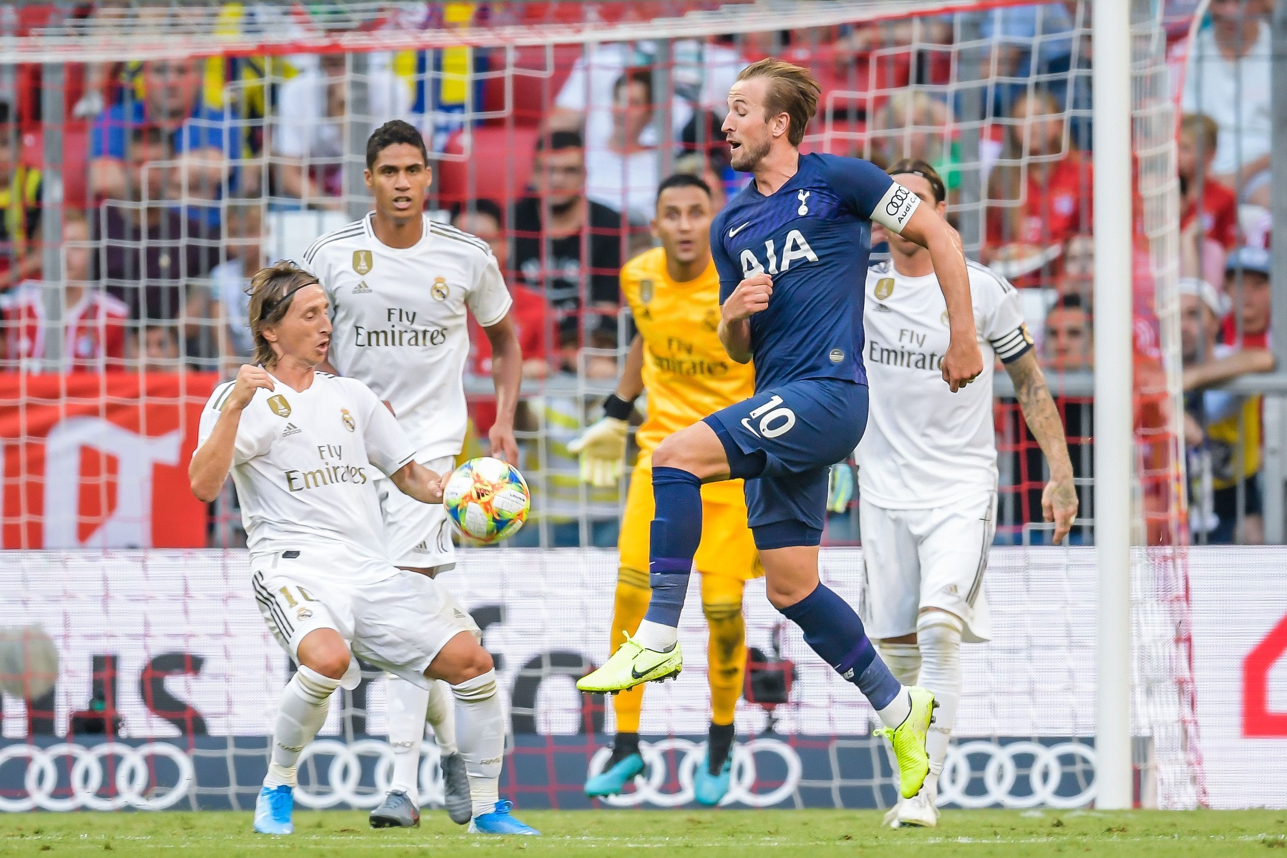 (L-R) Luka Modric of Real Madrid CF, Raphael Varane of Real Madrid CF, goalkeeper Keylor Navas Gamboa of Real Madrid CF, Harry Kane of Tottenham Hotspur FC, Sergio Ramos Garcia of Real Madrid CF during the Pre-season Friendly match between Real Madrid and (L-R) Luka Modric of Real Madrid CF, Raphael Varane of Real Madrid CF, goalkeeper Keylor Navas Gamboa of Real Madrid CF, Harry Kane of Tottenham Hotspur FC, Sergio Ramos Garcia of Real Madrid CF during the Pre-season Friendly match between Real Madrid and