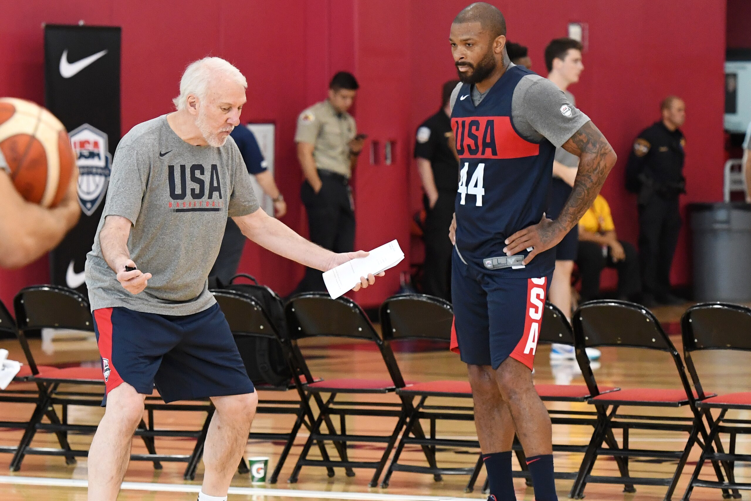 LAS VEGAS, NV - AUGUST 06: Gregg Popovich coaches PJ Tucker during the 2019 USA Basketball Men's National Team Training Camp at Mendenhall Center on the University of Nevada, Las Vegas campus on August 06, 2019 in Las Vegas Nevada. NOTE TO USER: User expr