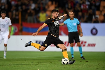 YEREVAN, ARMENIA - AUGUST 08: Ruben Neves of Wolverhampton Wanderers scores a goal to make it 0-4 from a penalty kick during the UEFA Europa League Third Qualifying Round First Leg fixture between FC Pyunik and Wolverhampton Wanderers at Pyunik Stadium on