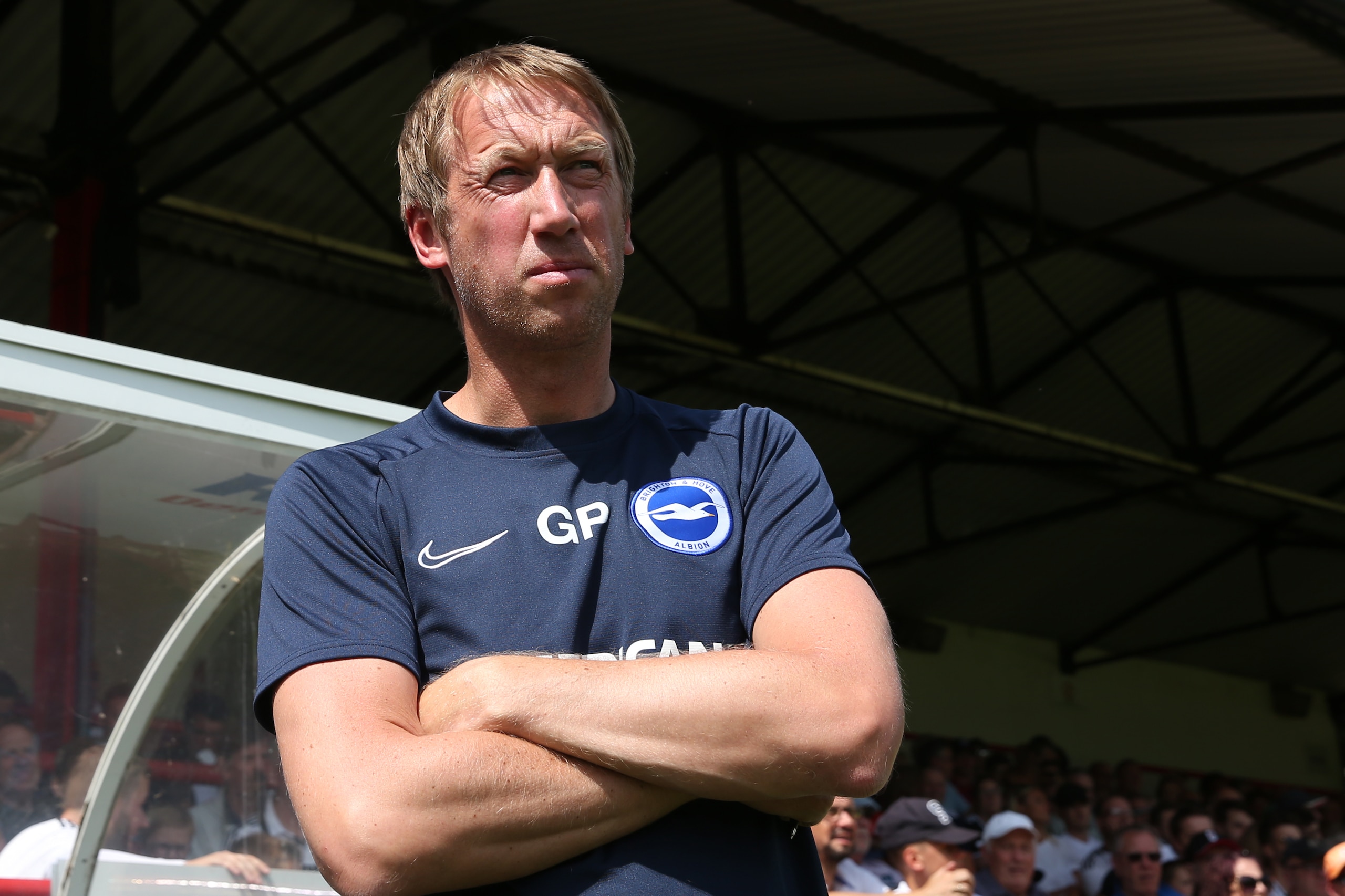 ALDERSHOT, ENGLAND - JULY 20: 
Graham Potter manager of Brighton and Hove Albion during the Pre-Season Friendly match between Brighton and Hove Albion and Fulham at EBB Stadium on July 20, 2019 in Aldershot, England. (Photo by Marc Atkins/Getty Images)