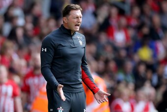 SOUTHAMPTON, ENGLAND - MAY 12: Ralph Hasenhuttl of Austria the Southampton manager instructs his players during the Premier League match between Southampton FC and Huddersfield Town at St Mary's Stadium on May 12, 2019 in Southampton, United Kingdom. (Pho
