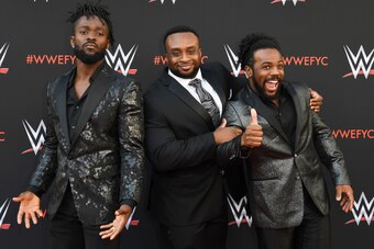 Wrestlers Kofi Kingston (L), Big E (C) and Xavier Woods (R) of