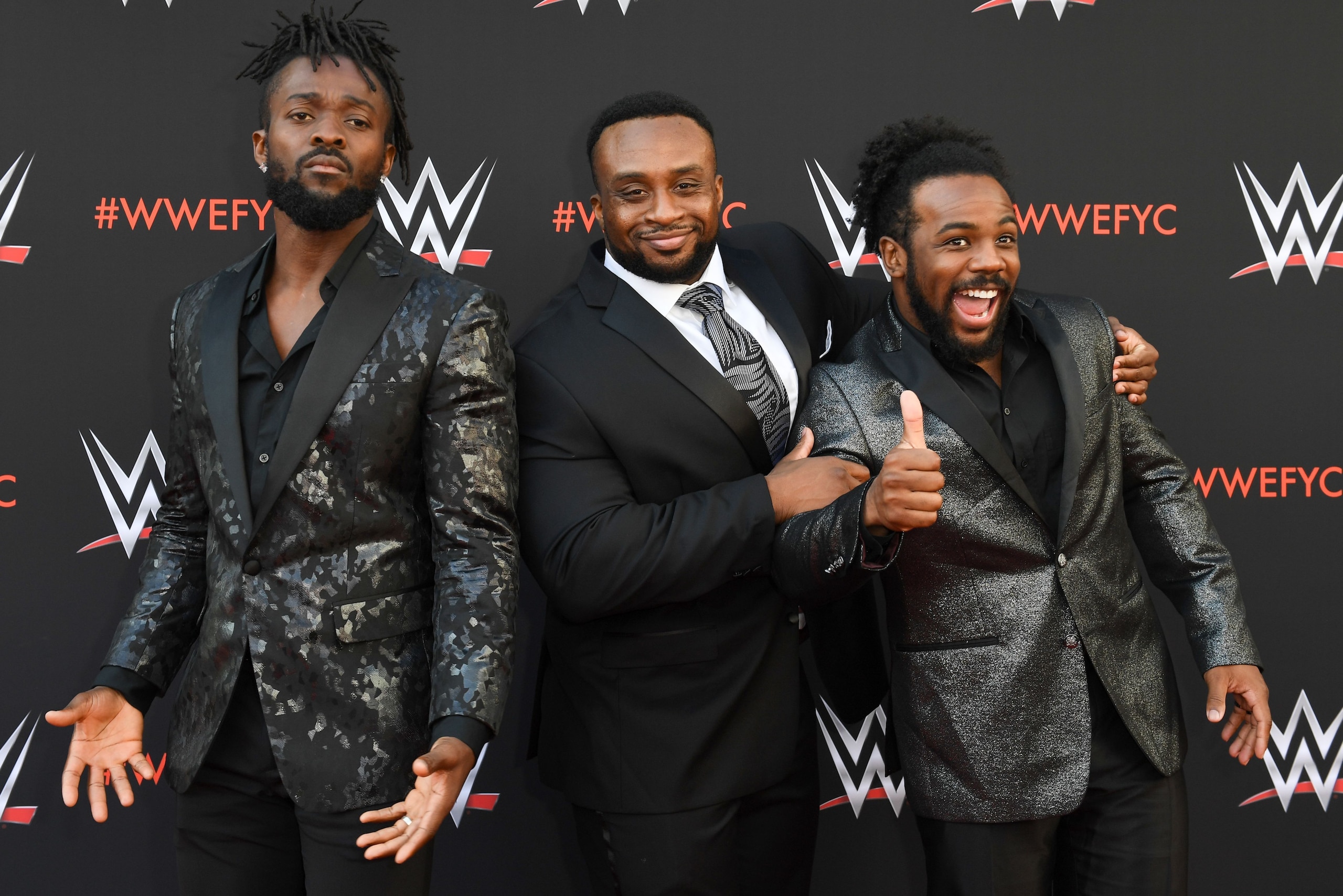 Wrestlers Kofi Kingston (L), Big E (C) and Xavier Woods (R) of