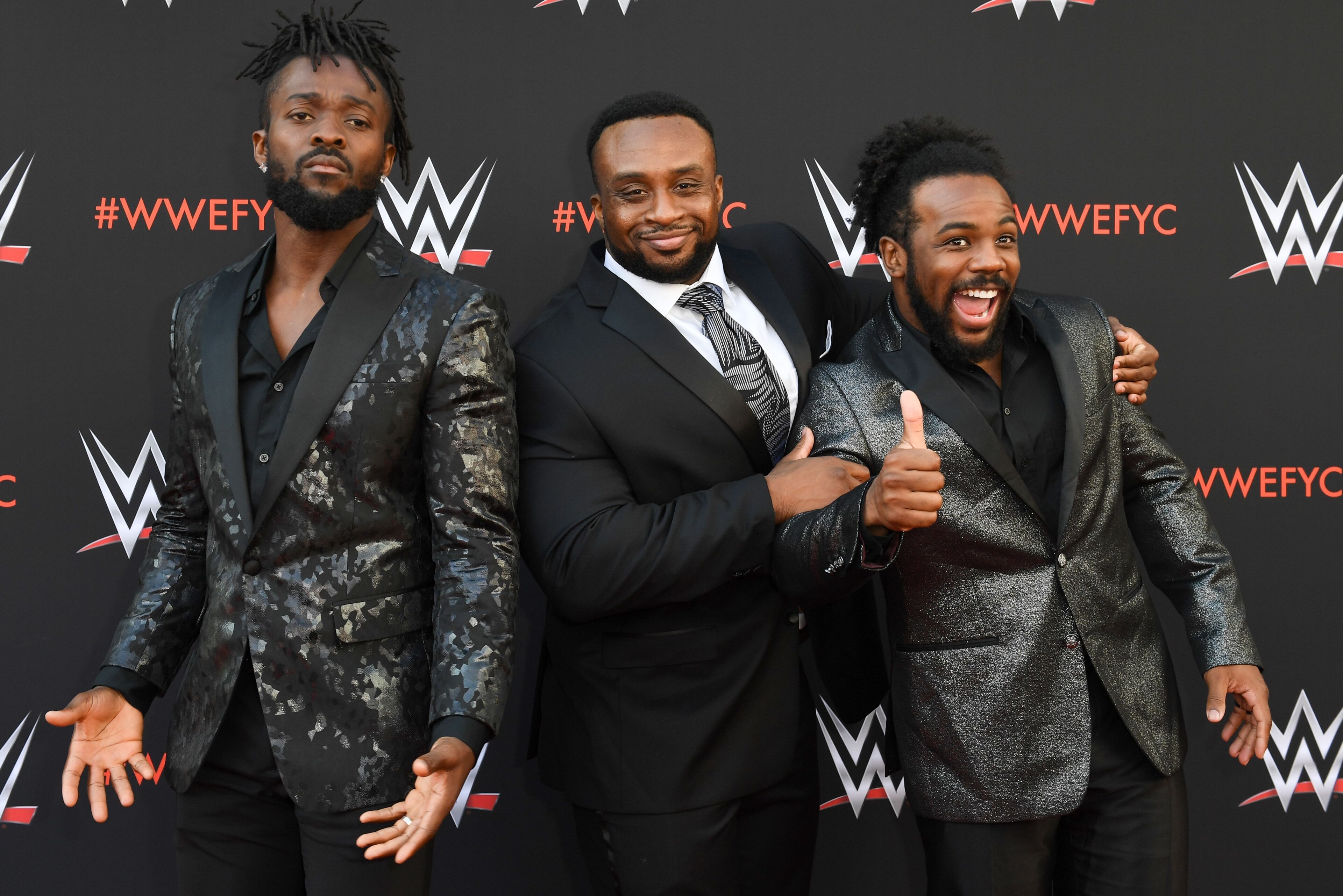 Wrestlers Kofi Kingston (L), Big E (C) and Xavier Woods (R) of