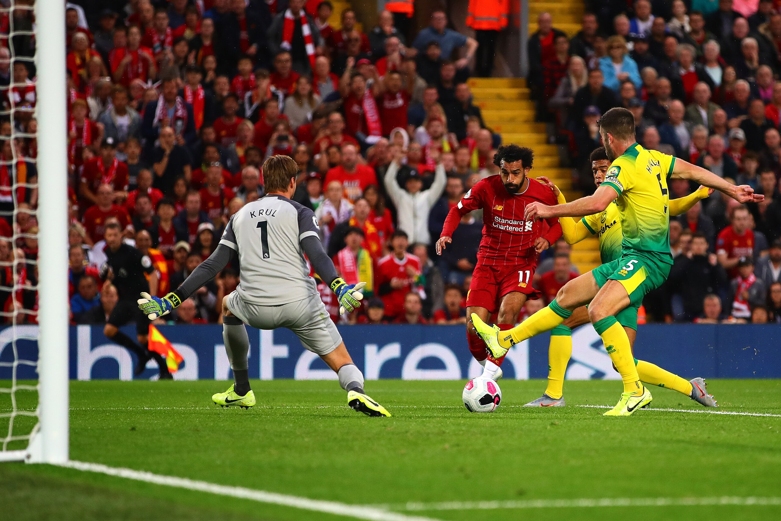 LIVERPOOL, ENGLAND - AUGUST 09: Mohamed Salah of Liverpool scores his side's second goal during the Premier League match between Liverpool FC and Norwich City at Anfield on August 09, 2019 in Liverpool, United Kingdom. (Photo by Chris Brunskill/Fantasista