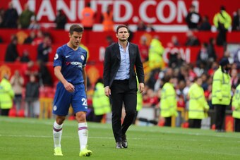 MANCHESTER, ENGLAND - AUGUST 11: A dejected Chelsea manager / head coach Frank Lampard at full time of the Premier League match between Manchester United and Chelsea FC at Old Trafford on August 11, 2019 in Manchester, United Kingdom. (Photo by Matthew As