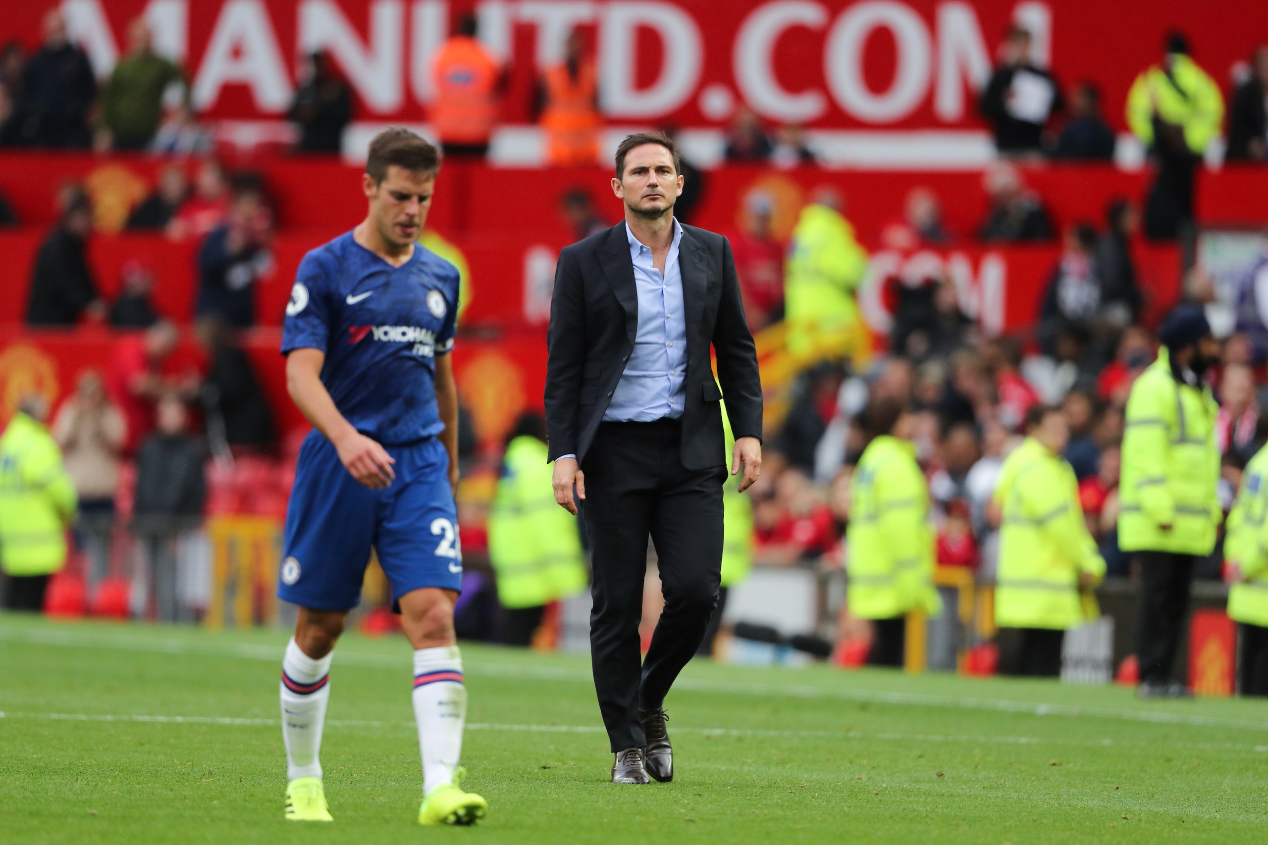 MANCHESTER, ENGLAND - AUGUST 11: A dejected Chelsea manager / head coach Frank Lampard at full time of the Premier League match between Manchester United and Chelsea FC at Old Trafford on August 11, 2019 in Manchester, United Kingdom. (Photo by Matthew As MANCHESTER, ENGLAND - AUGUST 11: A dejected Chelsea manager / head coach Frank Lampard at full time of the Premier League match between Manchester United and Chelsea FC at Old Trafford on August 11, 2019 in Manchester, United Kingdom. (Photo by Matthew As