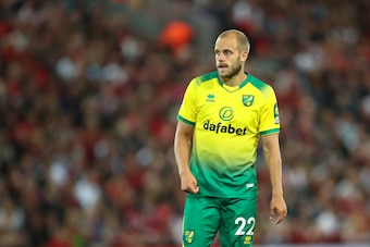 LIVERPOOL, ENGLAND - AUGUST 09: Teemu Pukki of Norwich City during the Premier League match between Liverpool FC and Norwich City at Anfield on August 9, 2019 in Liverpool, United Kingdom. (Photo by Robbie Jay Barratt - AMA/Getty Images)