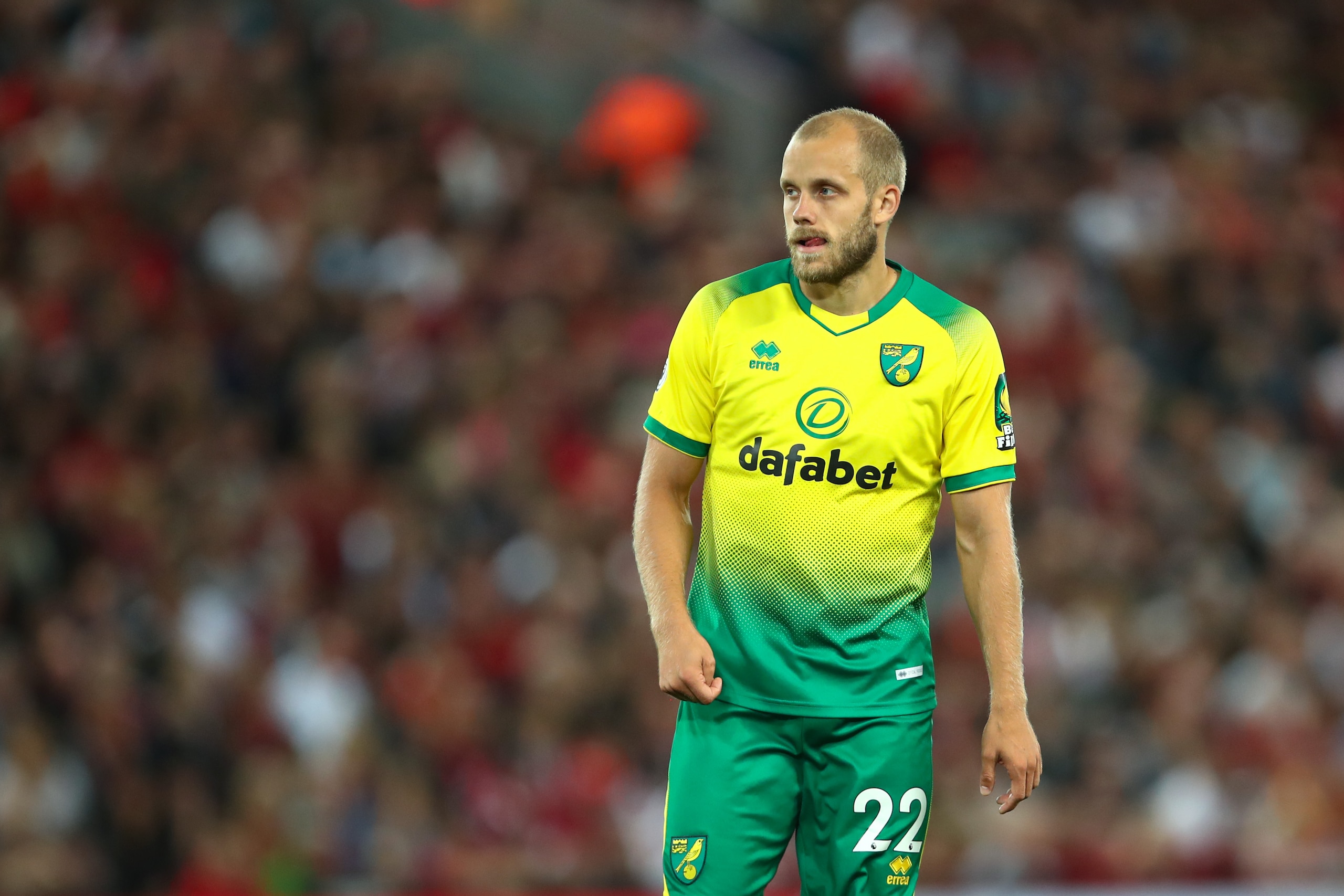 LIVERPOOL, ENGLAND - AUGUST 09: Teemu Pukki of Norwich City during the Premier League match between Liverpool FC and Norwich City at Anfield on August 9, 2019 in Liverpool, United Kingdom. (Photo by Robbie Jay Barratt - AMA/Getty Images) LIVERPOOL, ENGLAND - AUGUST 09: Teemu Pukki of Norwich City during the Premier League match between Liverpool FC and Norwich City at Anfield on August 9, 2019 in Liverpool, United Kingdom. (Photo by Robbie Jay Barratt - AMA/Getty Images)