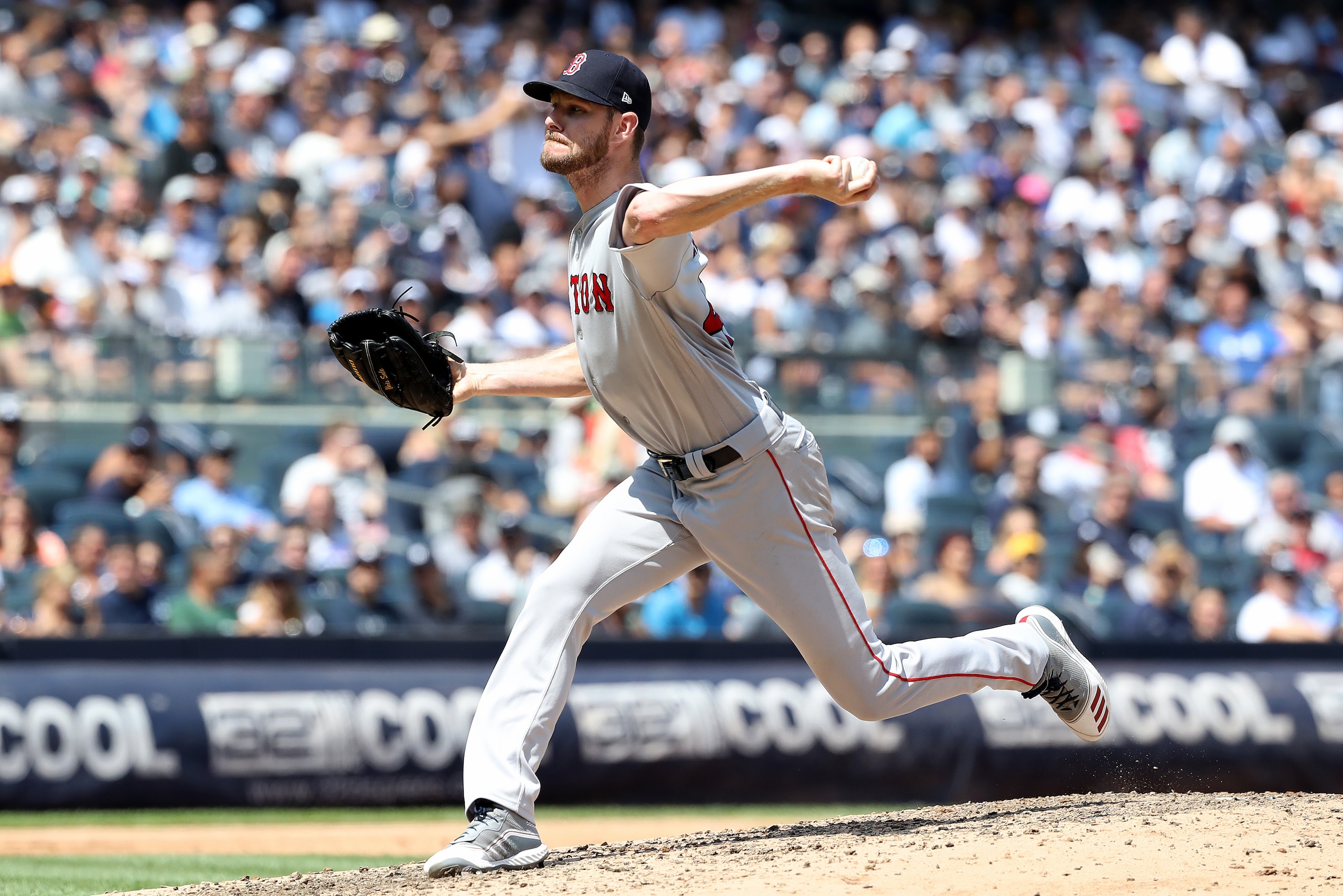 NEW YORK, NEW YORK - AUGUST 03: Chris Sale #41 of the Boston Red Sox delivers a pitch in the fourth inning against the New York Yankees during game one of a double header at Yankee Stadium on August 03, 2019 in the Bronx borough of New York City. (Photo b