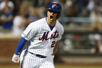 NEW YORK, NEW YORK - AUGUST 09: J.D. Davis #28 of the New York Mets celebrates after hitting a home run to right field in the fourth inning against the Washington Nationals at Citi Field on August 09, 2019 in New York City. (Photo by Mike Stobe/Getty Imag