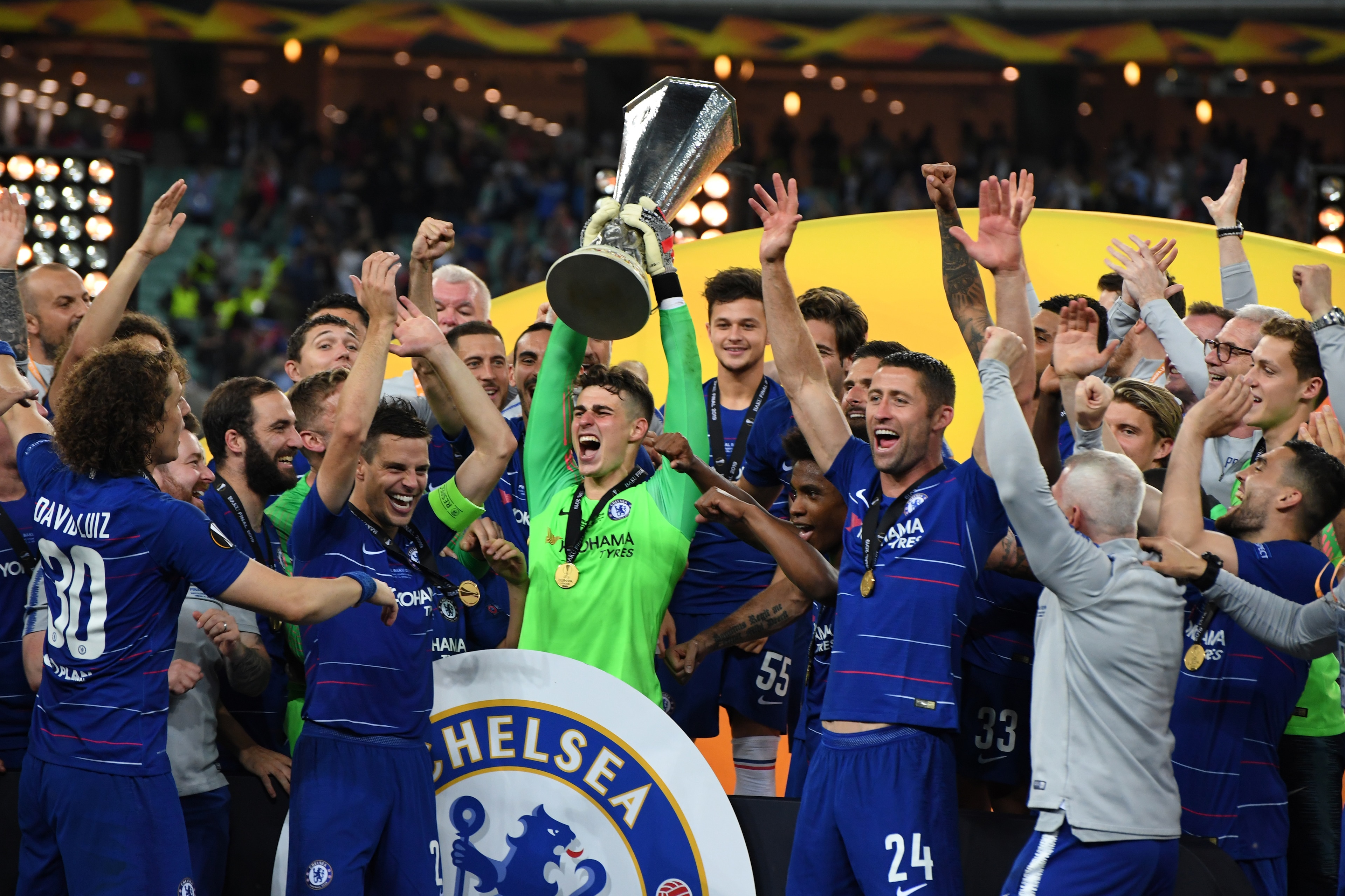 Players of Chelsea celebrate the victory with the trophy after the UEFA Europa League Final between Chelsea and Arsenal at Baku Olimpiya Stadionu on May 29, 2019 in Baku, Azerbaijan. (Photo by Etsuo Hara/Getty Images)