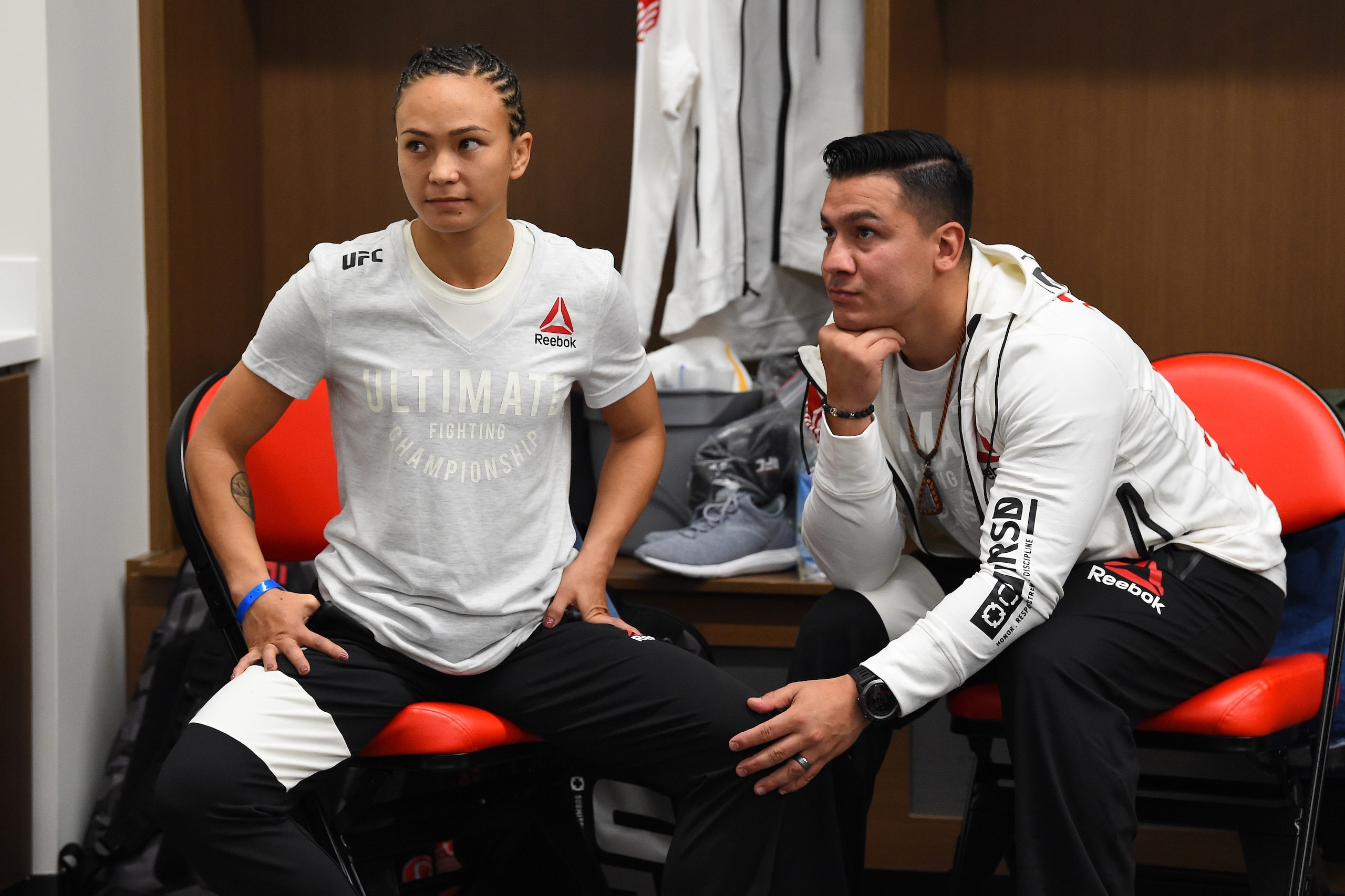 DETROIT, MI - DECEMBER 02:  Michelle Waterson waits with her husband Joshua Gomez backstage during the UFC 218 event inside Little Caesars Arena on December 02, 2017 in Detroit, Michigan. (Photo by Mike Roach/Zuffa LLC/Zuffa LLC via Getty Images)
