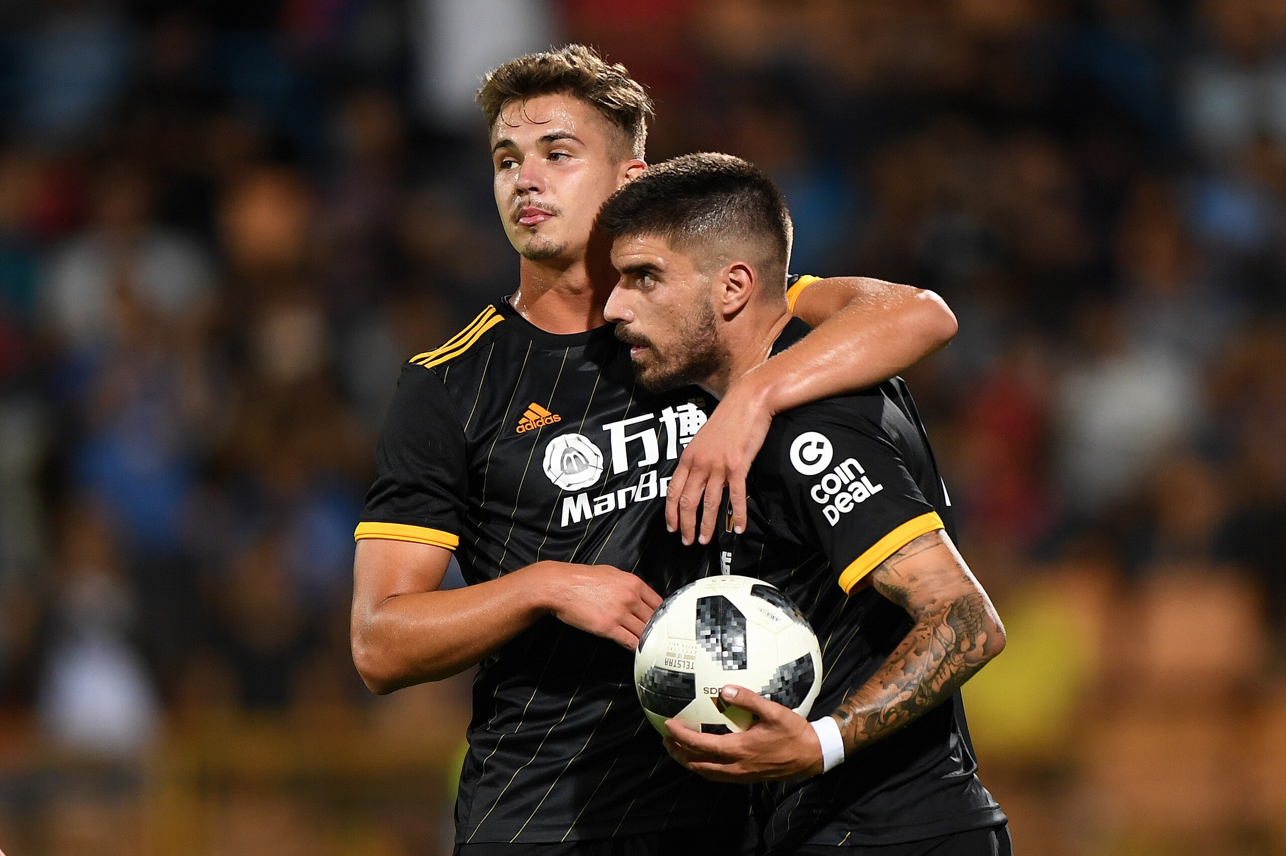 YEREVAN, ARMENIA - AUGUST 08: Ruben Neves of Wolverhampton Wanderers celebrates after scoring a goal to make it 0-4 from a penalty kick with Leander Dendoncker of Wolverhampton Wanderers during the UEFA Europa League Third Qualifying Round First Leg fixtu
