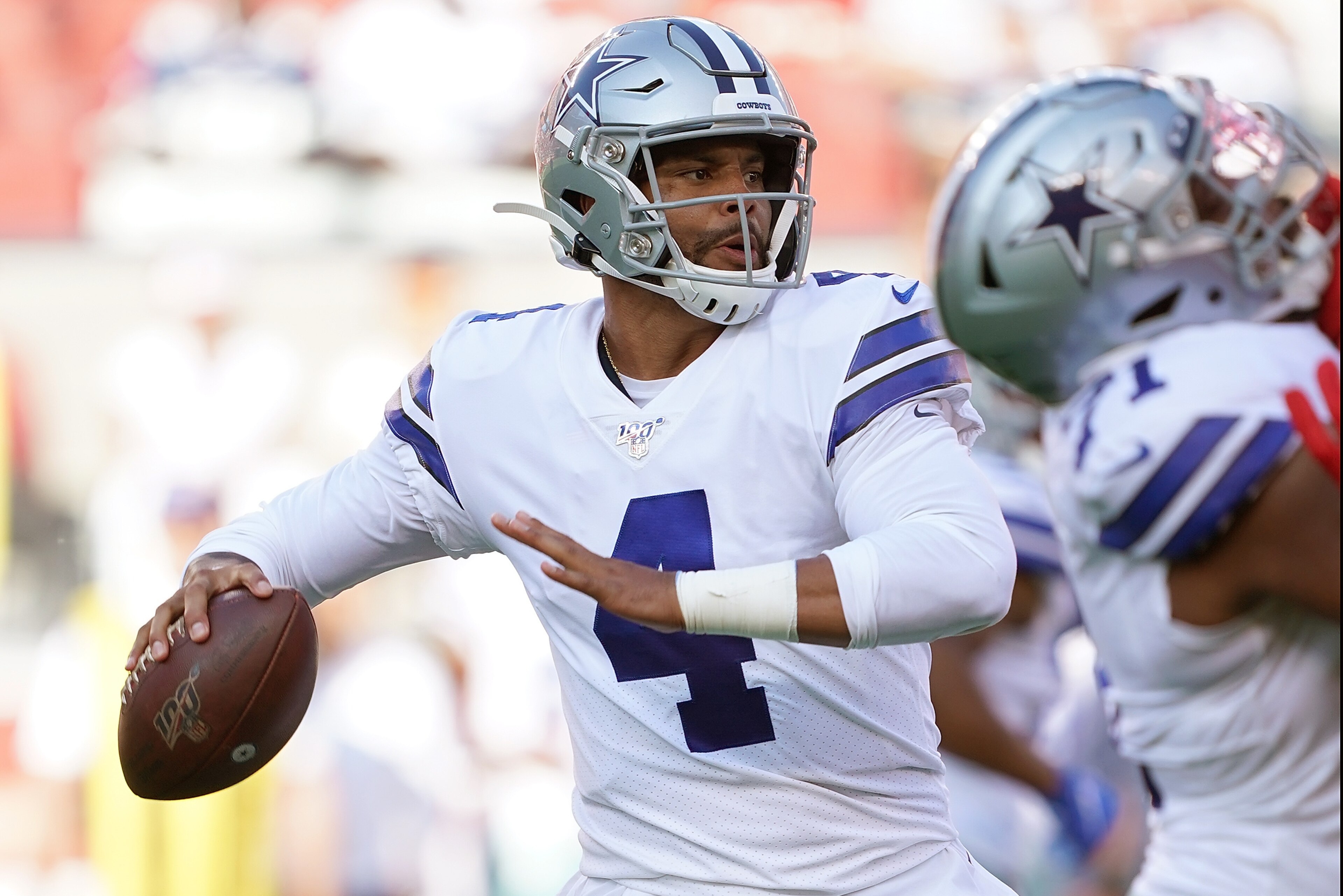 SANTA CLARA, CA - AUGUST 10:  Dak Prescott #4 of the Dallas Cowboys drops back to pass against the San Francisco 49ers during the first quarter of a preseason NFL football game at Levi's Stadium on August 10, 2019 in Santa Clara, California.  (Photo by Th