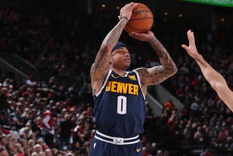PORTLAND, OR - APRIL 7: Isaiah Thomas #0 of the Denver Nuggets shoots the ball against the Portland Trail Blazers on April 7, 2019 at the Moda Center in Portland, Oregon. NOTE TO USER: User expressly acknowledges and agrees that, by downloading and/or usi