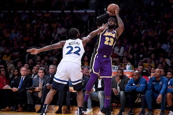 LOS ANGELES, CA - NOVEMBER 07:  LeBron James #23 of the Los Angeles Lakers shoots a jumper over Andrew Wiggins #22 of the Minnesota Timberwolves during a 114-110 Lakers win at Staples Center on November 7, 2018 in Los Angeles, California.  NOTE TO USER: U