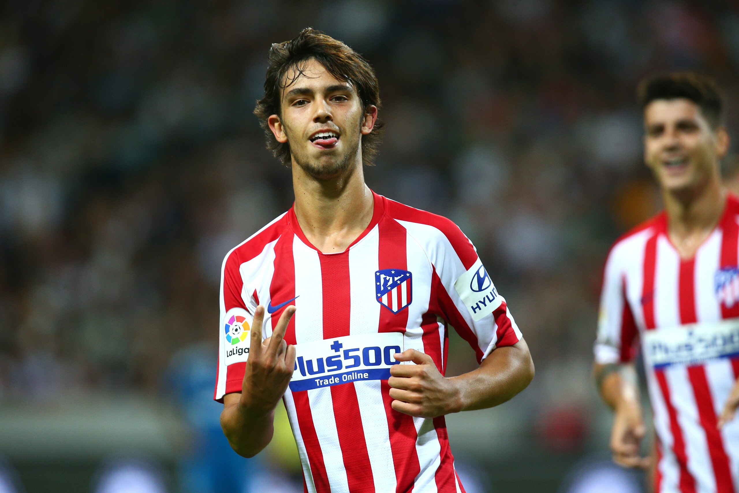 STOCKHOLM, SWEDEN - AUGUST 10:   Joao Felix of Atletico Madrid celebrates scoring a goal to make the score 2-1 during the International Champions Cup match between Atletico Madrid and Juventus on August 10, 2019 in Stockholm, Sweden. (Photo by Charlie Cro