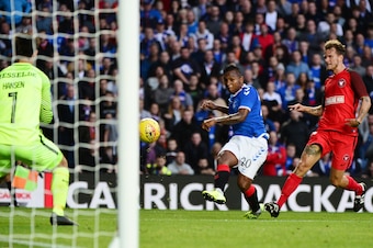 GLASGOW, SCOTLAND - AUGUST 15: Alfredo Morelos of Rangers has his shoot a goal saved by Jesper Hansen of Midtjylland during the UEFA Europa League Third Qualifying Round Second Leg match between Rangers and Midtjylland at Ibrox Stadium on August 15, 2019 