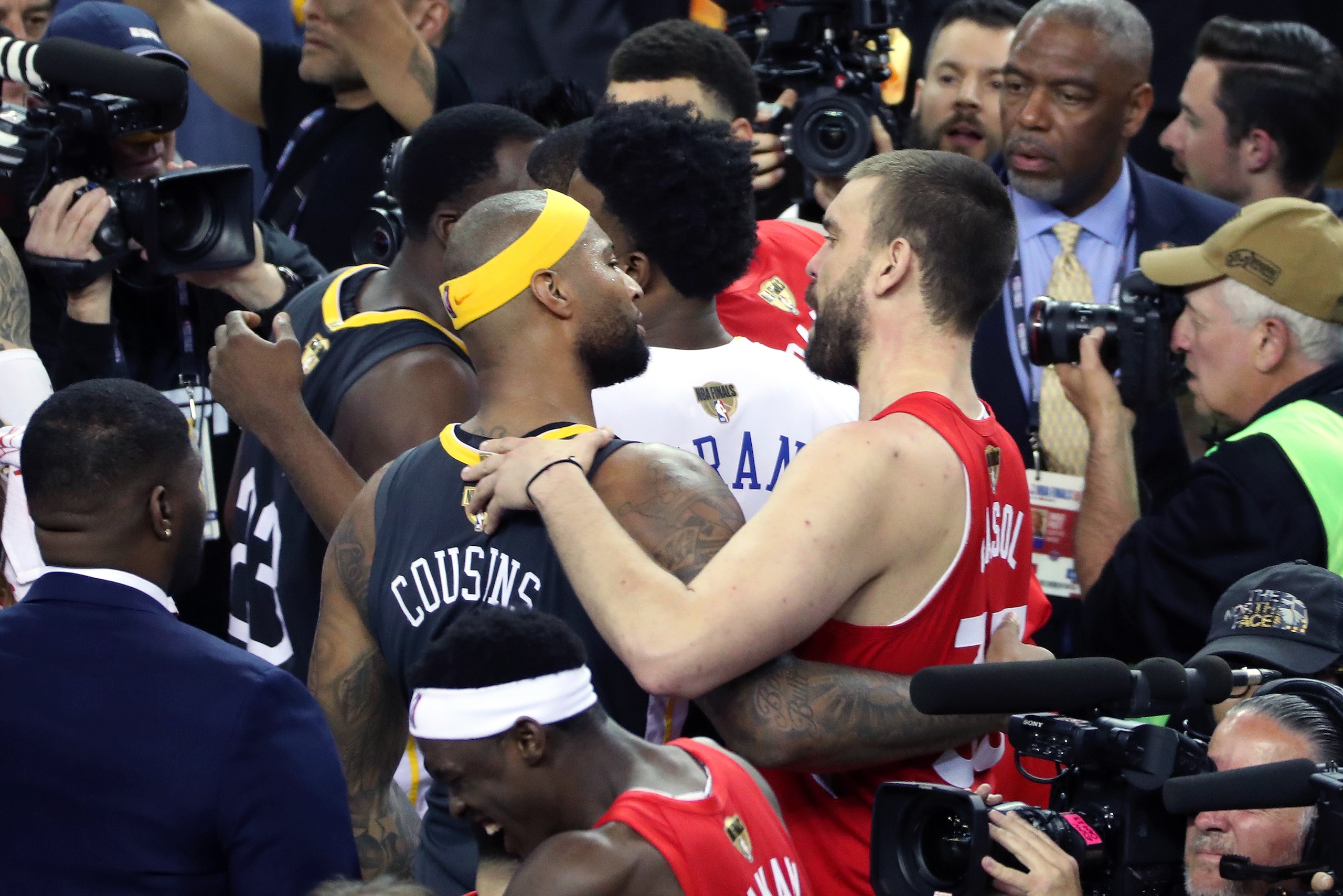 OAKLAND, CA - JUNE 13: DeMarcus Cousins #0 of the Golden State Warriors and Marc Gasol #33 of the Toronto Raptors talk after a game during Game Six of the NBA Finals on June 13, 2019 at ORACLE Arena in Oakland, California. NOTE TO USER: User expressly ack