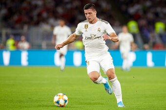 ROME, ITALY - AUGUST 11: Luka Jovic of Real Madrid runs with the ball during the pre-season friendly match between AS Roma and Real Madrid at Stadio Olimpico on August 11, 2019 in Rome, Italy. (Photo by Quality Sport Images/Getty Images)