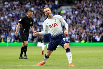 LONDON, ENGLAND - MAY 12: Christian Eriksen of Tottenham Hotspur celebrates after scoring his team's second goal during the Premier League match between Tottenham Hotspur and Everton FC at Tottenham Hotspur Stadium on May 12, 2019 in London, United Kingdo