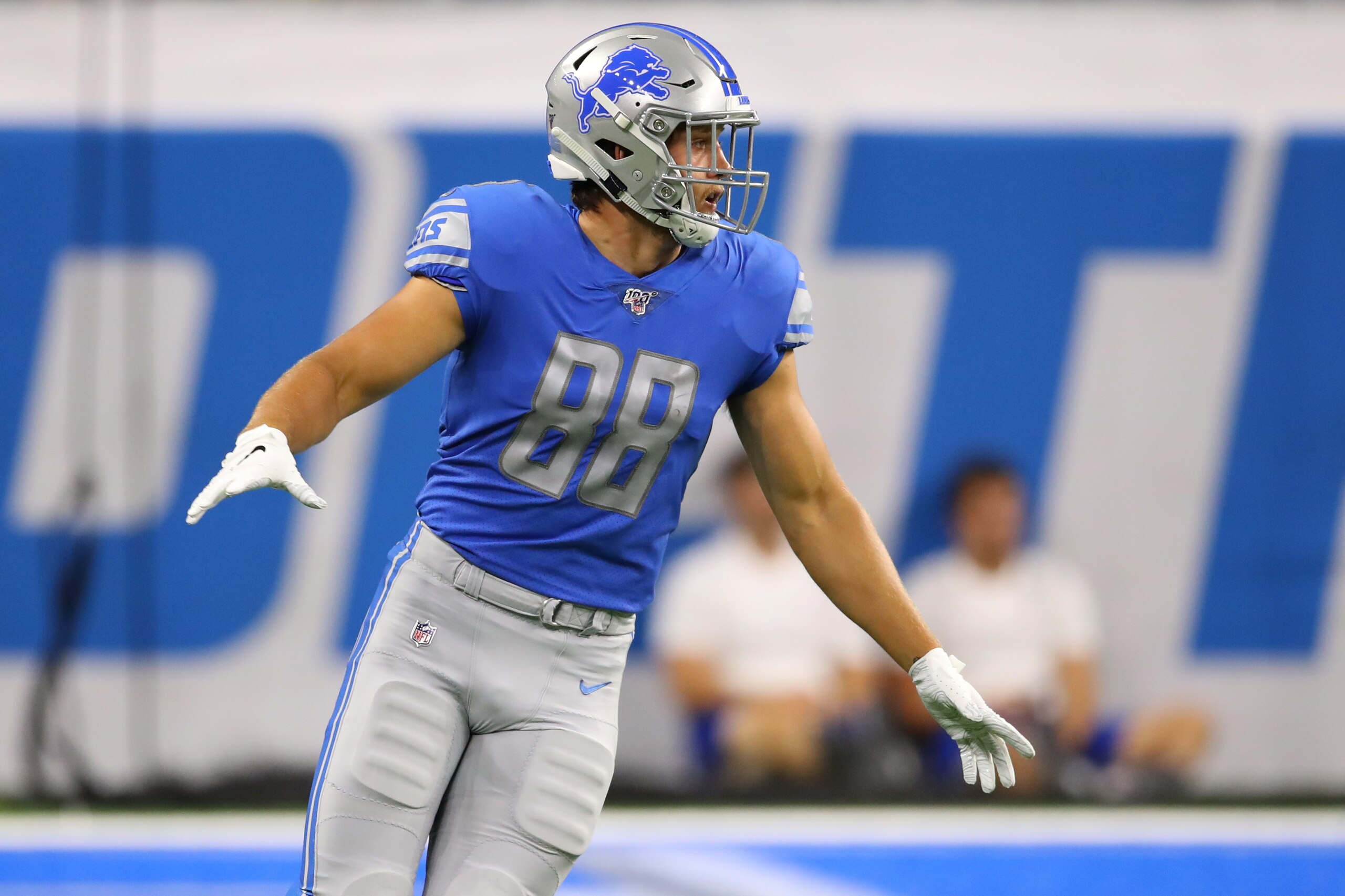 DETROIT, MICHIGAN - AUGUST 08: T.J. Hockenson #88 of the Detroit Lions look to block while playing the New England Patriots during a preseason game at Ford Field on August 08, 2019 in Detroit, Michigan. (Photo by Gregory Shamus/Getty Images)