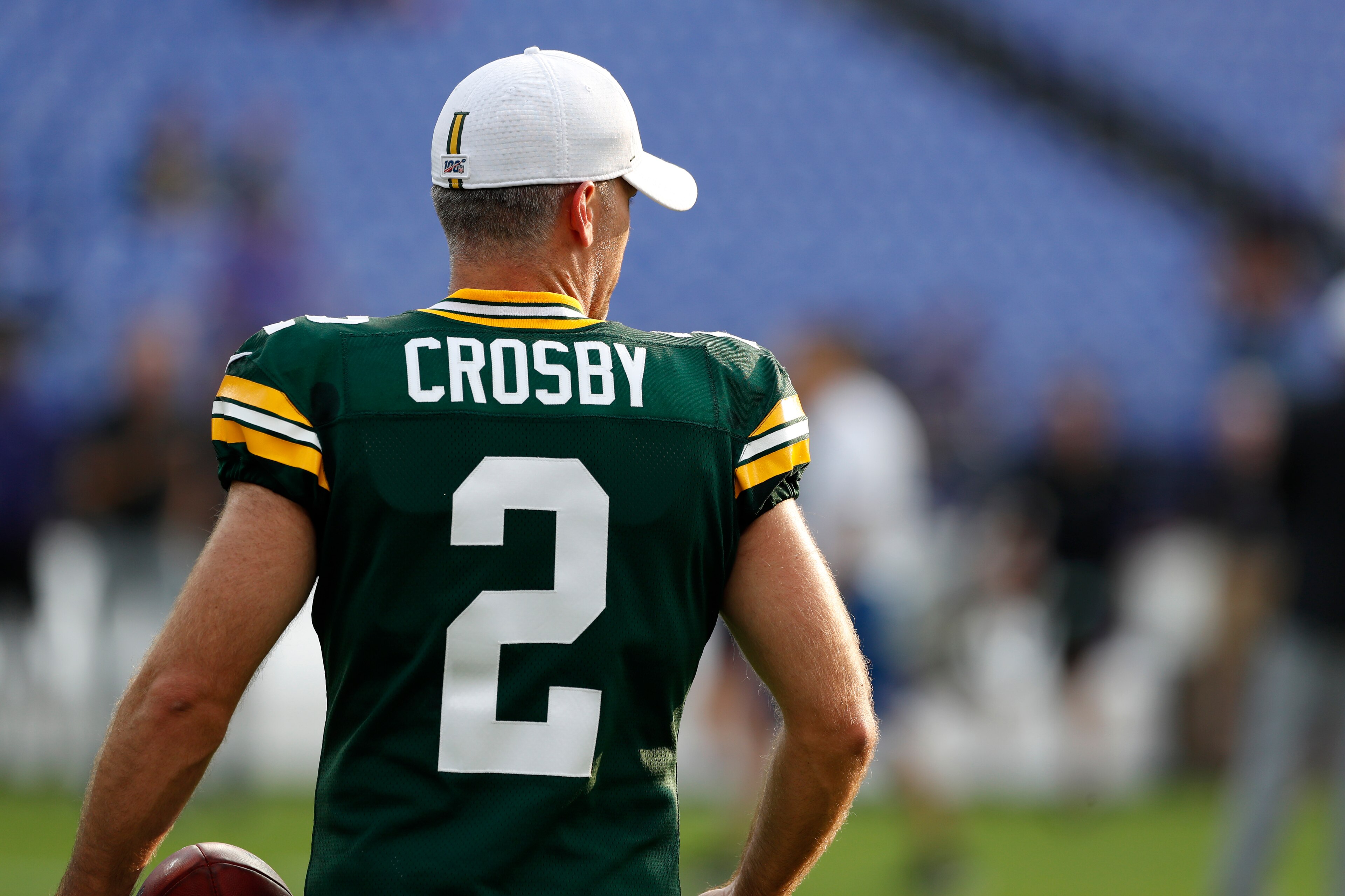 BALTIMORE, MARYLAND - AUGUST 15: Mason Crosby #2 of the Green Bay Packers stands on the field prior to a preseason game against the Baltimore Ravens at M&T Bank Stadium on August 15, 2019 in Baltimore, Maryland. (Photo by Todd Olszewski/Getty Images)