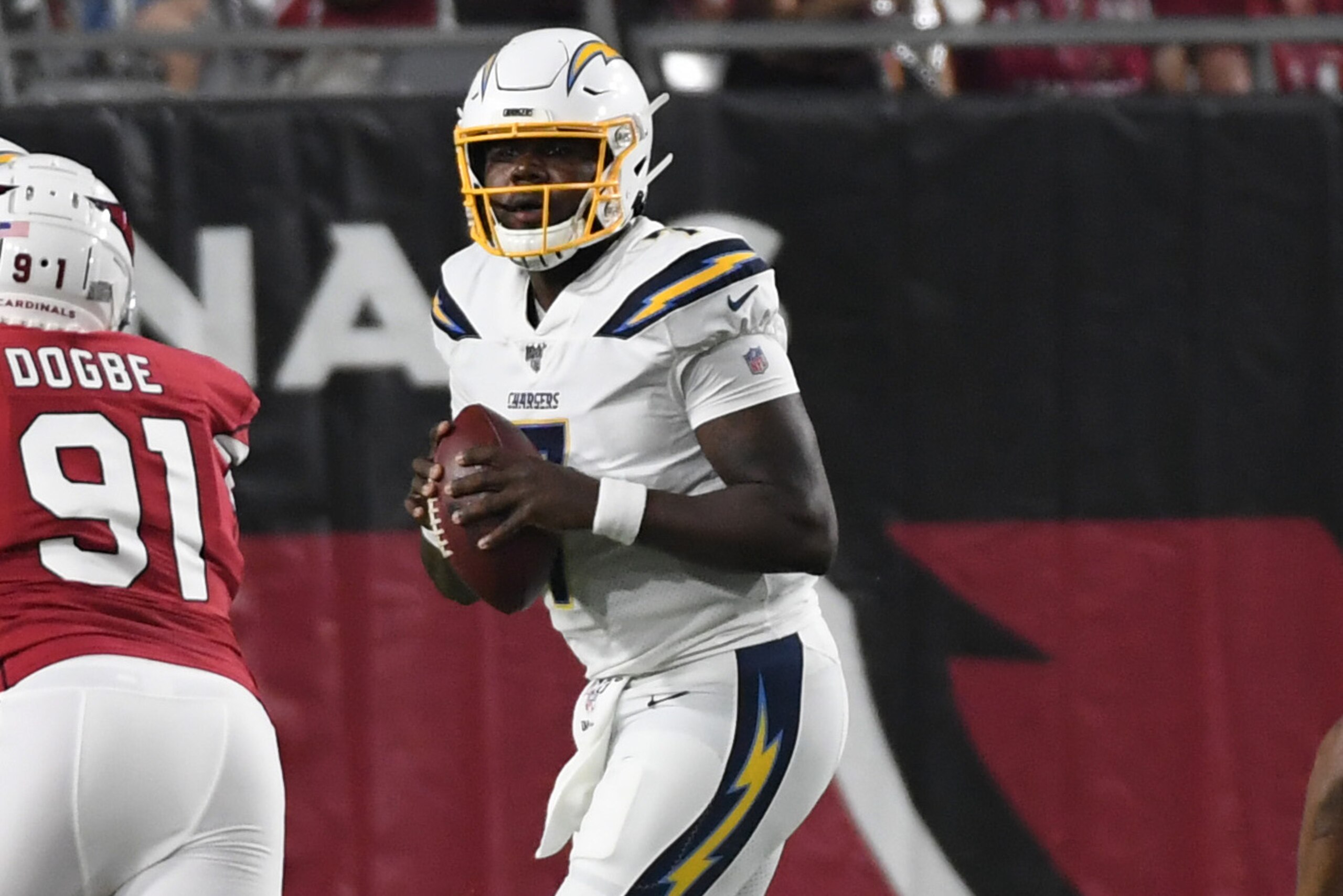 GLENDALE, ARIZONA - AUGUST 08: Cardale Jones #7 of the Los Angeles Chargers looks to throw the ball against the Arizona Cardinals during an NFL preseason game at State Farm Stadium on August 08, 2019 in Glendale, Arizona. (Photo by Norm Hall/Getty Images) GLENDALE, ARIZONA - AUGUST 08: Cardale Jones #7 of the Los Angeles Chargers looks to throw the ball against the Arizona Cardinals during an NFL preseason game at State Farm Stadium on August 08, 2019 in Glendale, Arizona. (Photo by Norm Hall/Getty Images)