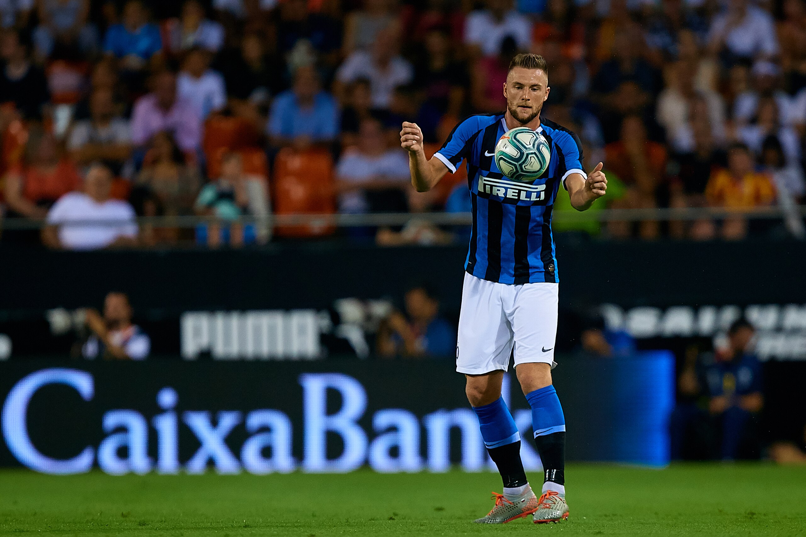 VALENCIA, SPAIN - AUGUST 10: Milan Skriniar of FC Internazionale in action during the Bwin Trofeo Naranja friendly match between Valencia CF and FC Internazionale at Estadio Mestalla on August 10, 2019 in Valencia, Spain. (Photo by Get Ready Images/MB Med