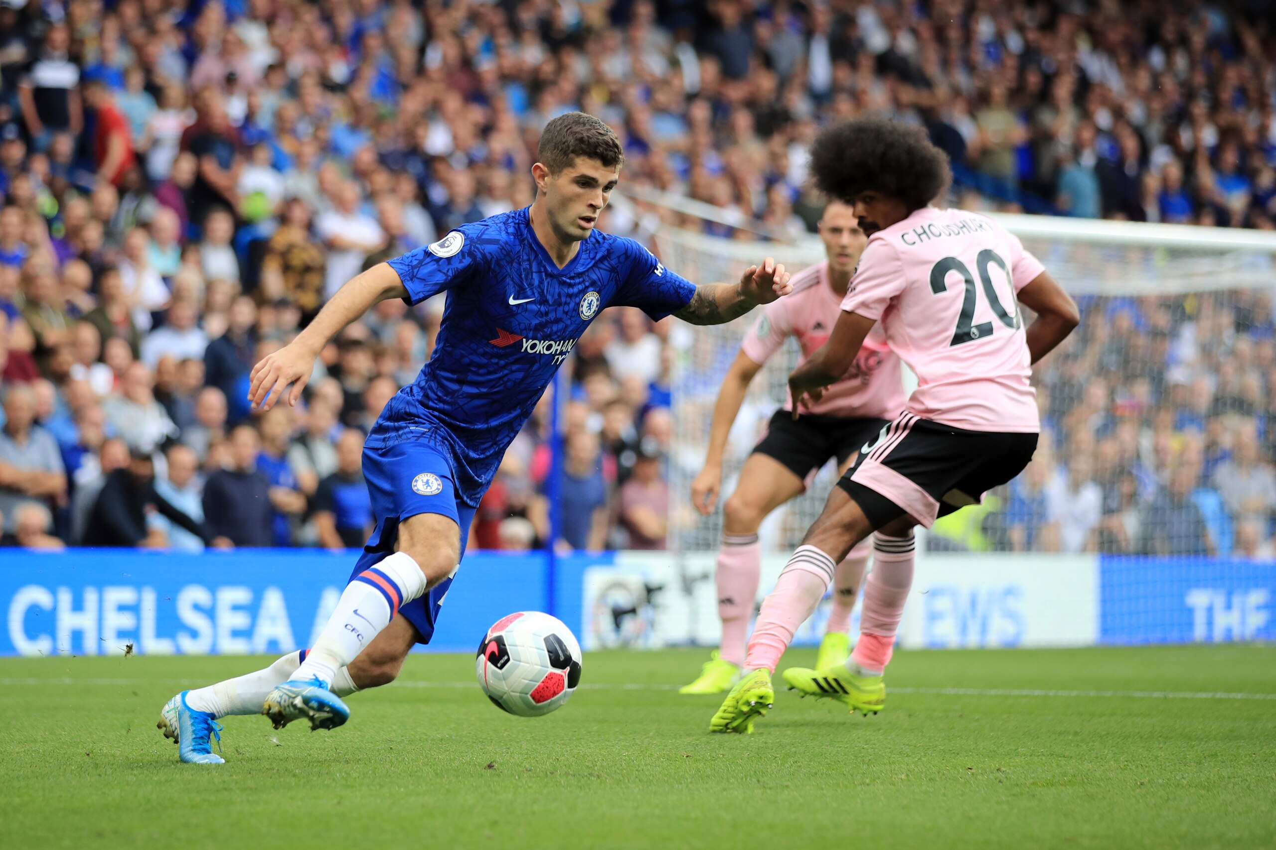 LONDON, ENGLAND - AUGUST 18: Christian Pulisic of Chelsea during the Premier League match between Chelsea FC and Leicester City at Stamford Bridge on August 18, 2019 in London, United Kingdom. (Photo by Marc Atkins/Getty Images)
