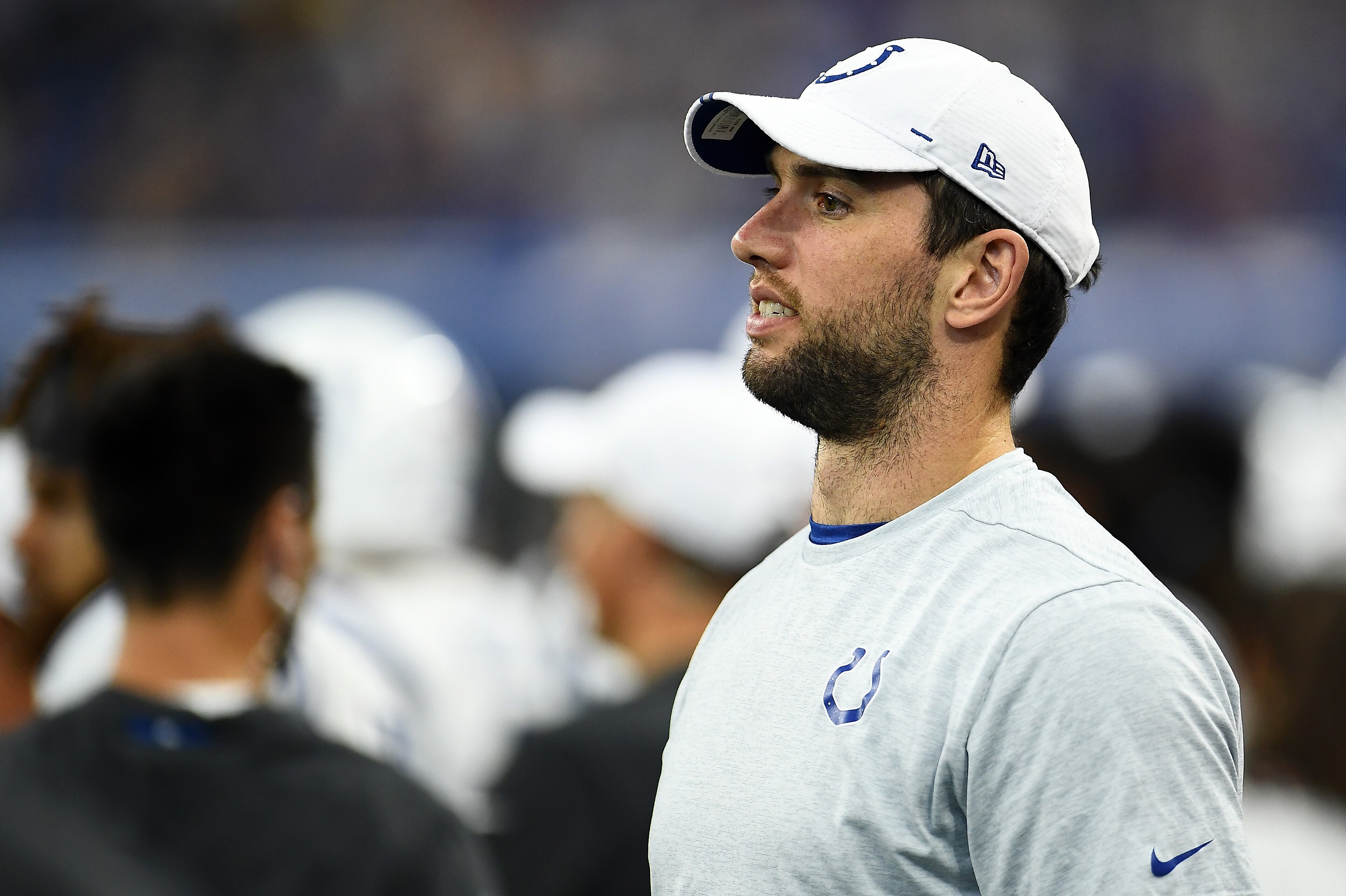 INDIANAPOLIS, INDIANA - AUGUST 17:  Andrew Luck #12 of the Indianapolis Colts watches action during a game against the Cleveland Browns at Lucas Oil Stadium on August 17, 2019 in Indianapolis, Indiana. (Photo by Stacy Revere/Getty Images)